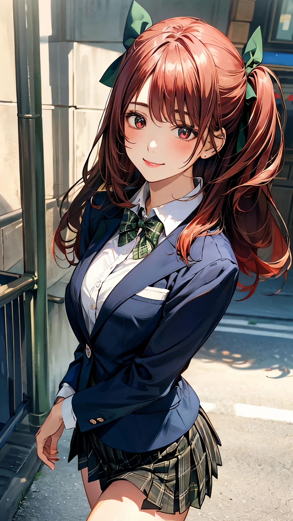 (masterpiece:1.2, top-quality), (realistic, photorealistic:1.4), beautiful illustration, (natural side lighting, movie lighting),
looking at viewer, 1 girl, japanese, high school girl, perfect face, cute and symmetrical face, shiny skin,
(long hair:1.2, ((two side up:1.2)), browm hair), red eyes, slant eyes, (large breasts:0.8, seductive thighs),
beautiful hair, beautiful face, beautiful detailed eyes, beautiful clavicle, beautiful body, beautiful chest, beautiful thigh, beautiful legs, beautiful fingers,
(((sjxf, brey blazer, close blazer), white blouse shirt, black pleated skirt, green plaid bow tie), red hair ribbon),
(beautiful scenery), evening, (street:1.2), (walking), (lovely smile, upper eyes),