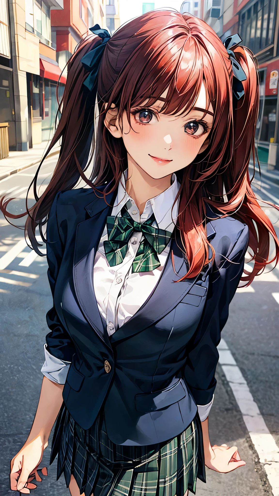 (masterpiece:1.2, top-quality), (realistic, photorealistic:1.4), beautiful illustration, (natural side lighting, movie lighting), 
looking at viewer, 1 girl, japanese, high school girl, perfect face, cute and symmetrical face, shiny skin, 
(long hair:1.2, ((two side up:1.2)), browm hair), red eyes, slant eyes, (large :0.8, seductive thighs), 
beautiful hair, beautiful face, beautiful detailed eyes, beautiful clavicle, beautiful body, beautiful chest, beautiful thigh, beautiful legs, beautiful fingers, 
(((sjxf, brey blazer, close blazer), white blouse shirt, black pleated skirt, green plaid bow tie), red hair ribbon), 
(beautiful scenery), evening, (street:1.2), (walking), (lovely smile, upper eyes), 