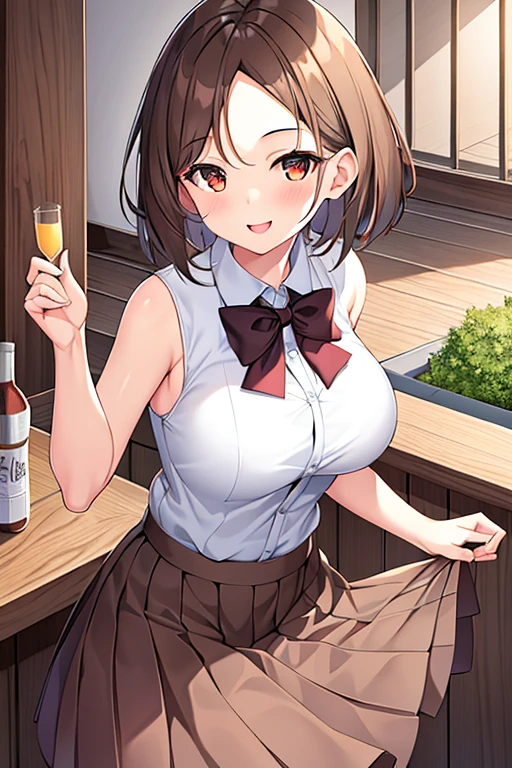 1girl, forehead, large breasts, skirt, brown skirt, bar, brown hair, short hair, smile, standing, mature female, layered skirt, sleeveless, long shirt, bowtie, bow, bubble skirt, holding bell, bell, bare shoulders,