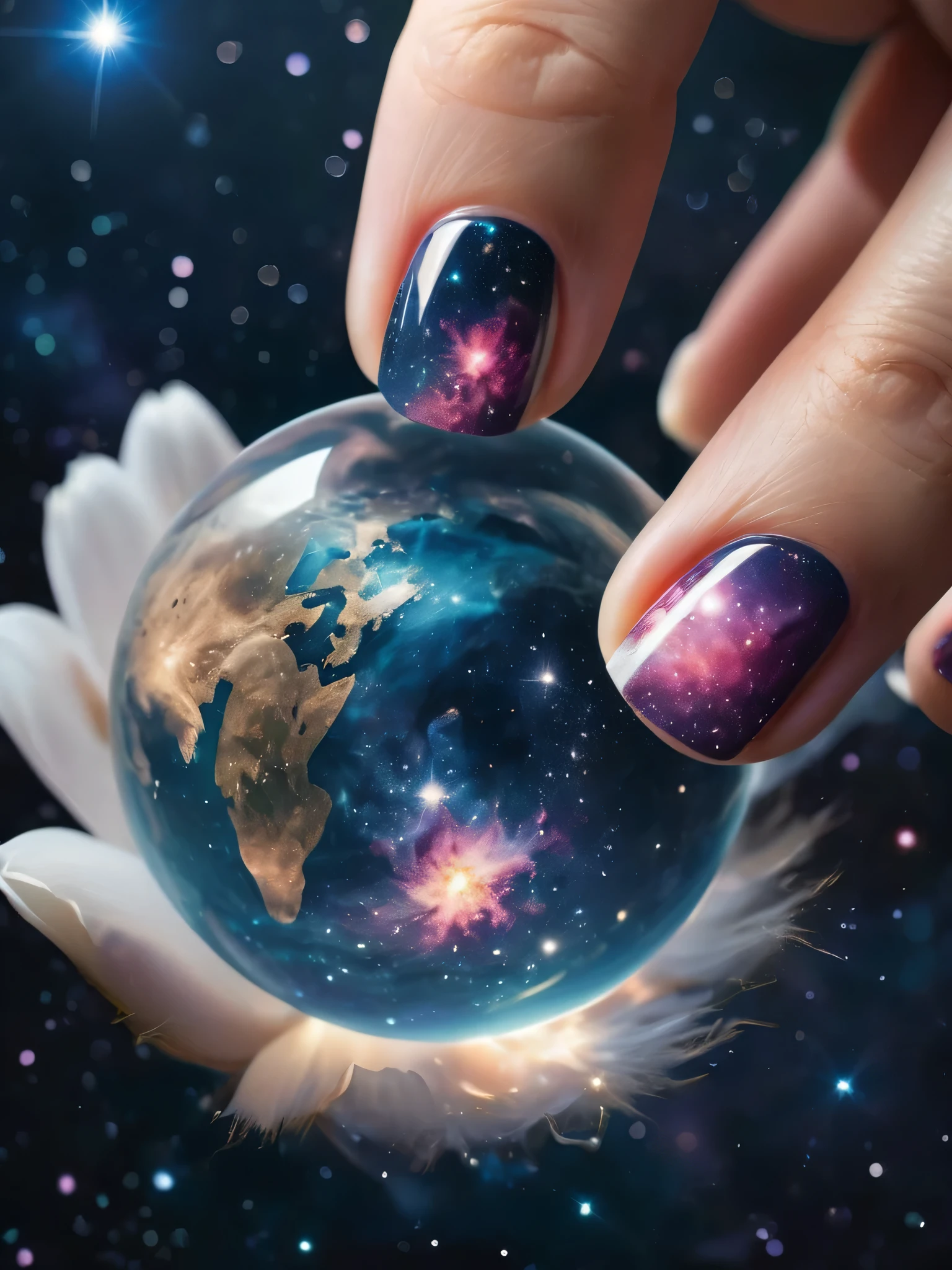 upon his fingertip is poised an entire world, fragile and beautiful, background is the cosmos,