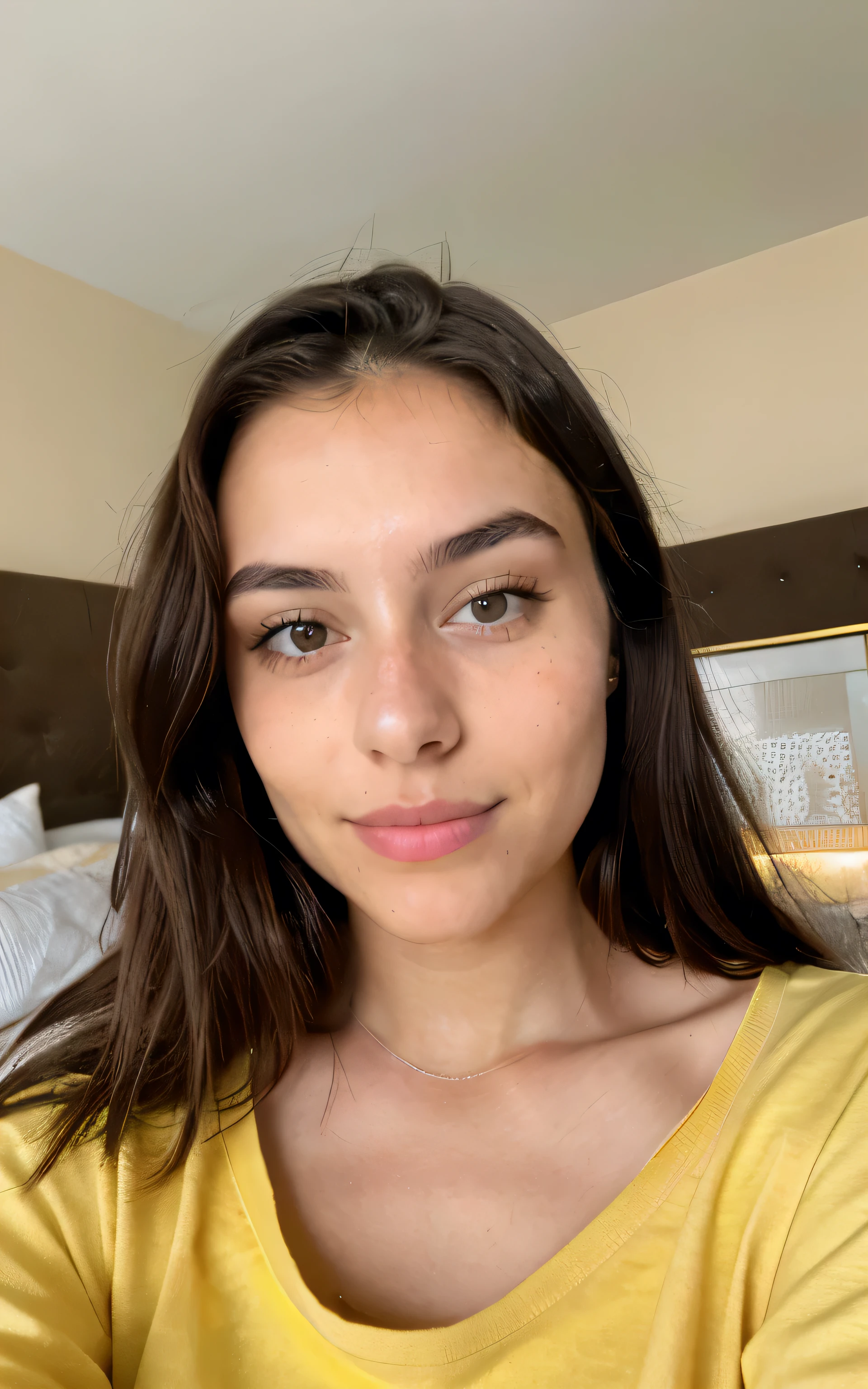 Photo of a 20 year old brunette woman, that has a very natural face, thin lips, thin eyes, thin eyebrows, thin nose. She takes a cute selfie in bedroom, sheets covering body, yellow shirt showing, natural pose, looking at camera in bedroom