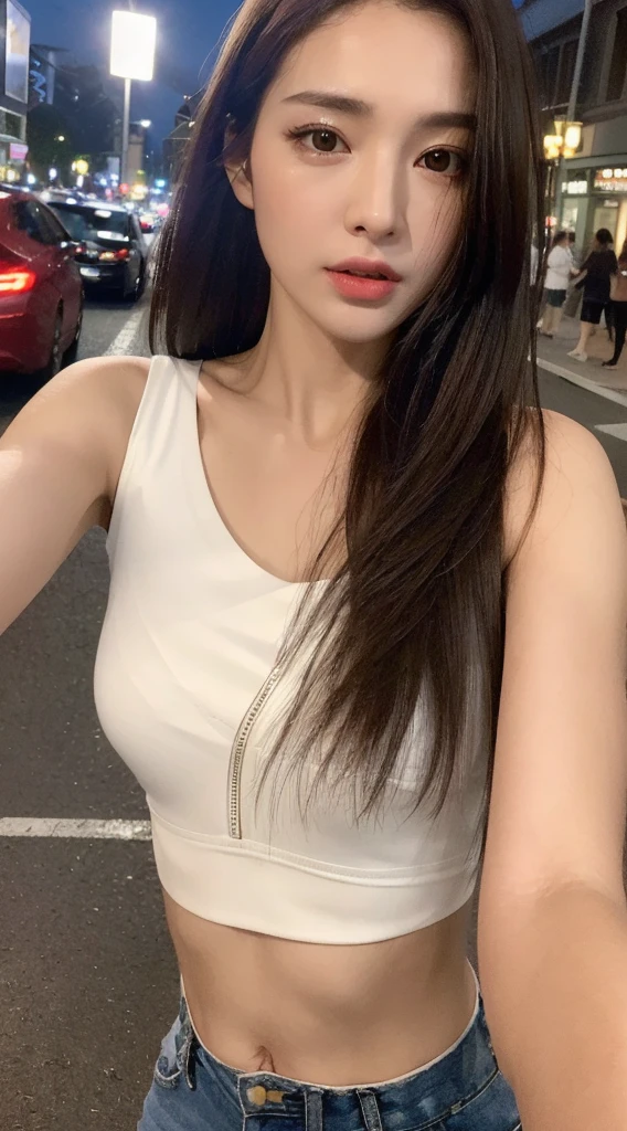 ((Realistic lighting, Best quality, 8K, Masterpiece: 1.3)), Clear focus: 1.2, 1girl, Perfect Figure: 1.4, Slim Abs: 1.1, ((Dark brown hair)), (White crop top: 1.4), (Outdoor, Night: 1.1), City streets, Super fine face, Fine eyes, Double eyelids,