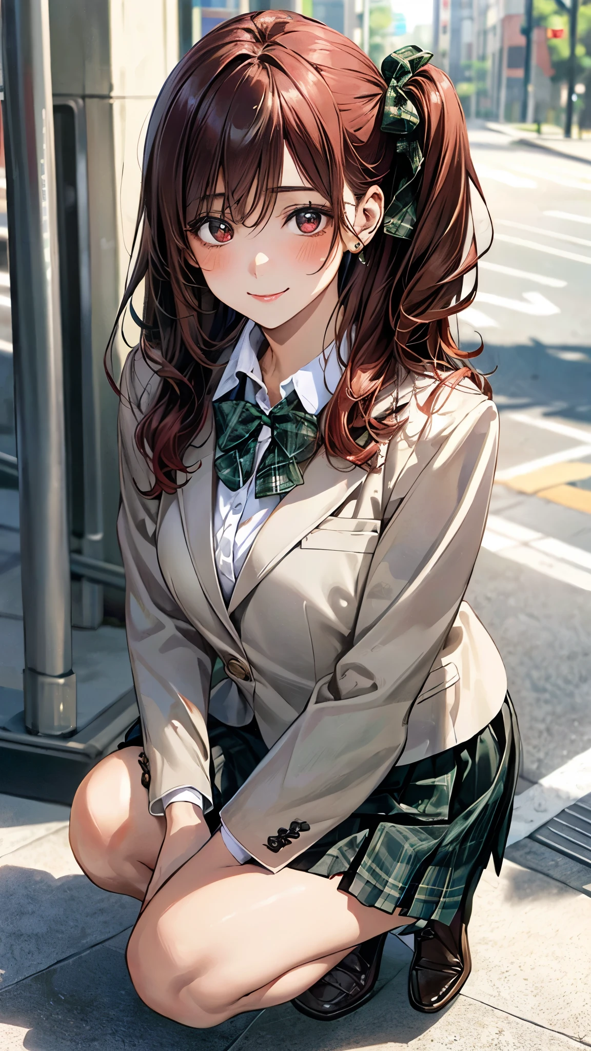 (masterpiece:1.2, top-quality), (realistic, photorealistic:1.4), beautiful illustration, (natural side lighting, movie lighting),
looking at viewer, 1 girl, japanese, high school girl, perfect face, cute and symmetrical face, shiny skin,
(long hair:1.2, ((two side up:1.2)), browm hair), red eyes, slant eyes, (large breasts:0.8, seductive thighs),
beautiful hair, beautiful face, beautiful detailed eyes, beautiful clavicle, beautiful body, beautiful chest, beautiful thigh, beautiful legs, beautiful fingers,
(((sjxf, brey blazer, close blazer), white blouse shirt, black pleated skirt, green plaid bow tie), red hair ribbon),
(beautiful scenery), evening, (street:1.2), (squatting), (lovely smile, upper eyes),