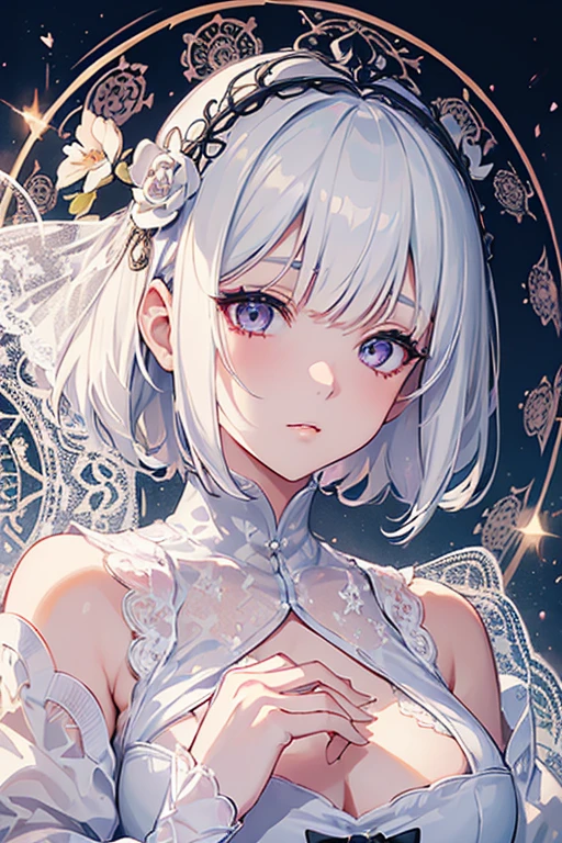 (Highly detailed face, Sleepy eyes:1.4), (whole body, 1 female, Midnight), (Gothic fantasy illustration & ukiyo-e & Comic art), (She is wearing a white organza lace dress:1.2), (A middle-aged, white-haired dark elf woman, Blunt bangs, Bobcut, Lavender eyes:1.1), break (She is wearing white lace socks and lace sandals:1.1), break (background, I can see a magic circle made of shining lace:1.1)