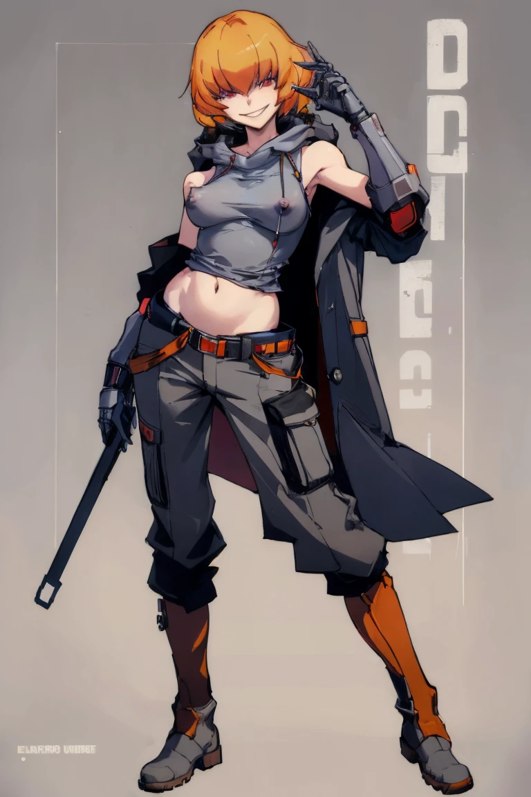 ((highest quality)), ((masterpiece)), (be familiar with),Clementine,Overload,nsfw,Sleeveless hoodie,Grey Shirt,cargo pants,Bewitching Smile,whole body,boots,Long coat,Erect nipples, cyber punk,SF
