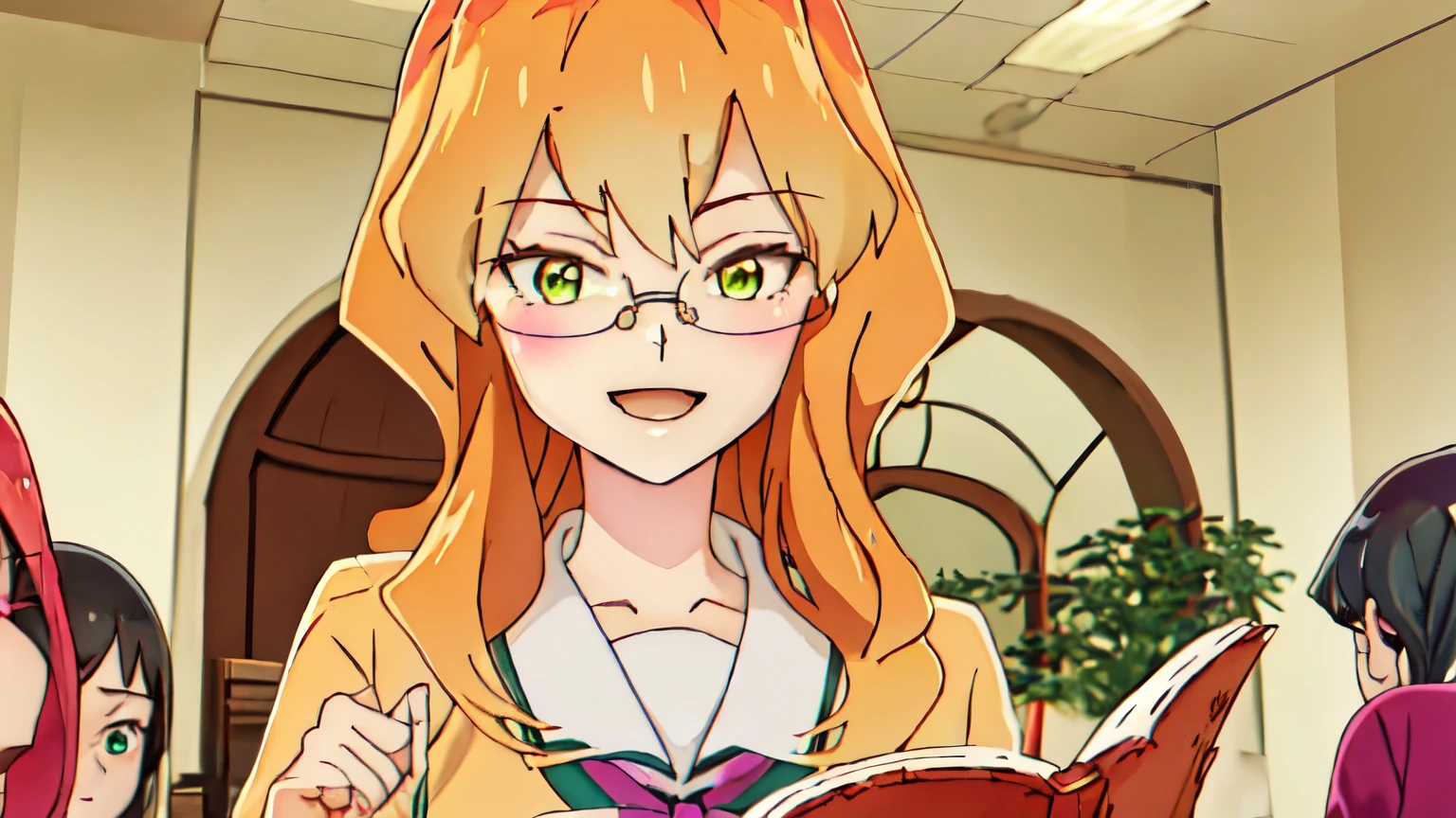 highest quality, masterpiece, High resolution, 一人in, {_Residence_winashinoyuriwaoshigotodesu:1.15}, length_hair, blonde_hair, Glasses, green_eye, smile, One girl, blush, Book, Holding_Book, read, School_uniform, Holding, orange_hair, sweindrop, indoor, Looking_in_Audience, Open_Book, Open_mouth, window