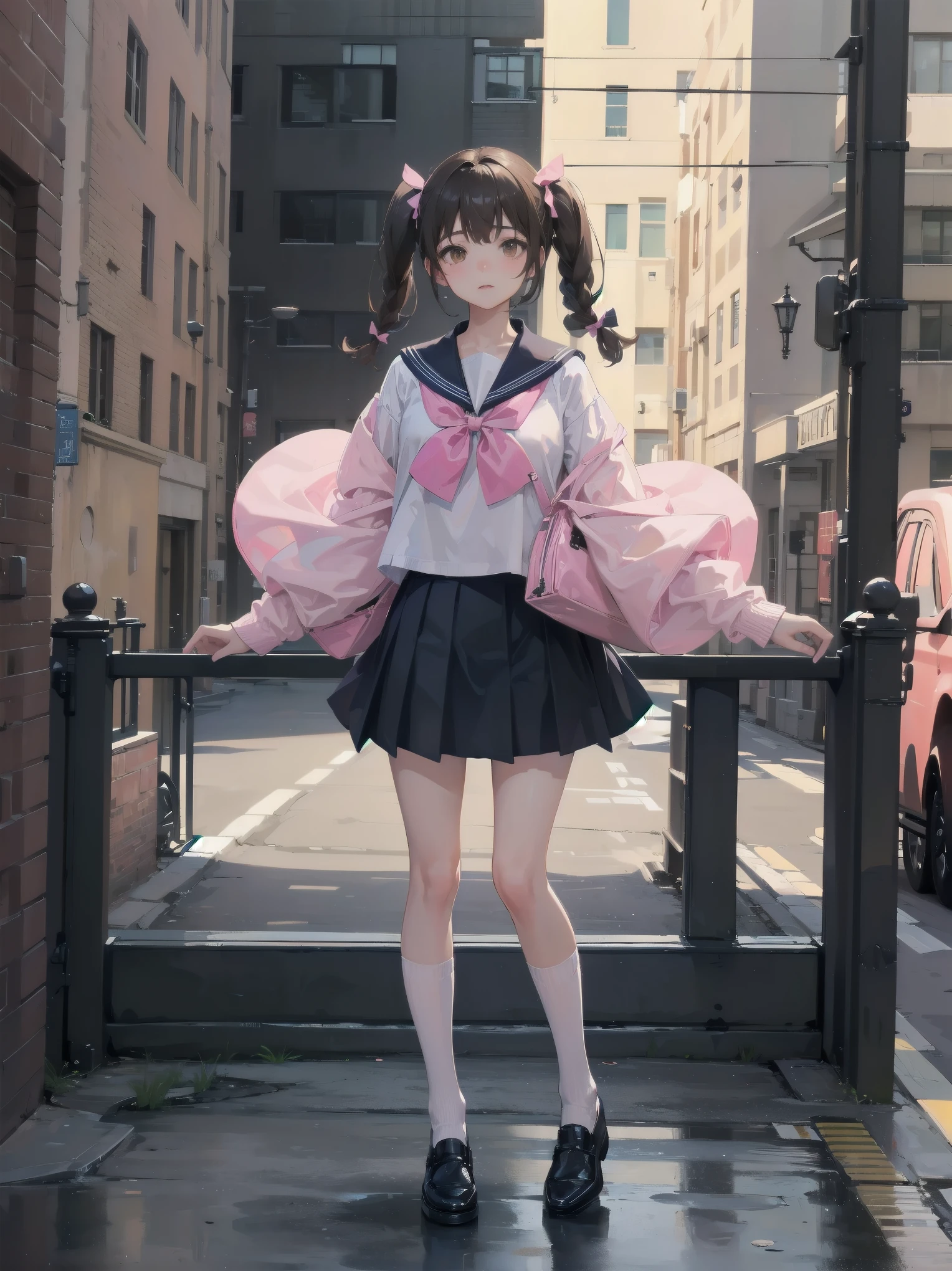 1girl, solo, looking at viewer, skirt, brown hair, shirt, long sleeves, bow, twintails, brown eyes, , full body, shoes, socks, sailor collar, black footwear, twin braids, cosplay, blue bow, white socks, pink skirt, photo background, pink sailor collar