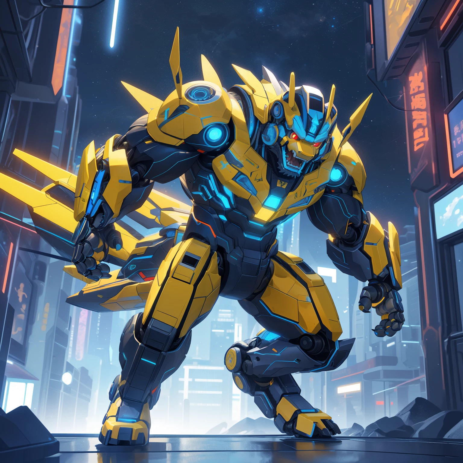 ("By Dreammaker315, by Bumblebeetron, by Optimusrush", high quality, masterpiece, detailed picture, giant, muscular, Bumblebee, Transformers, yellow and black body, metallic sheen, energetic pose, hovering in mid-air, dynamic motion blur, deep focus, vibrant color palette, red eyes glowing, mechanical detailing, intricate design, expressive face, open mouth with teeth showing, friendly demeanor, anthropomorphic, male, robot, futuristic setting, cityscape background, dramatic lighting, trending on DeviantArt, ultra detailed, high definition, stunning visuals).