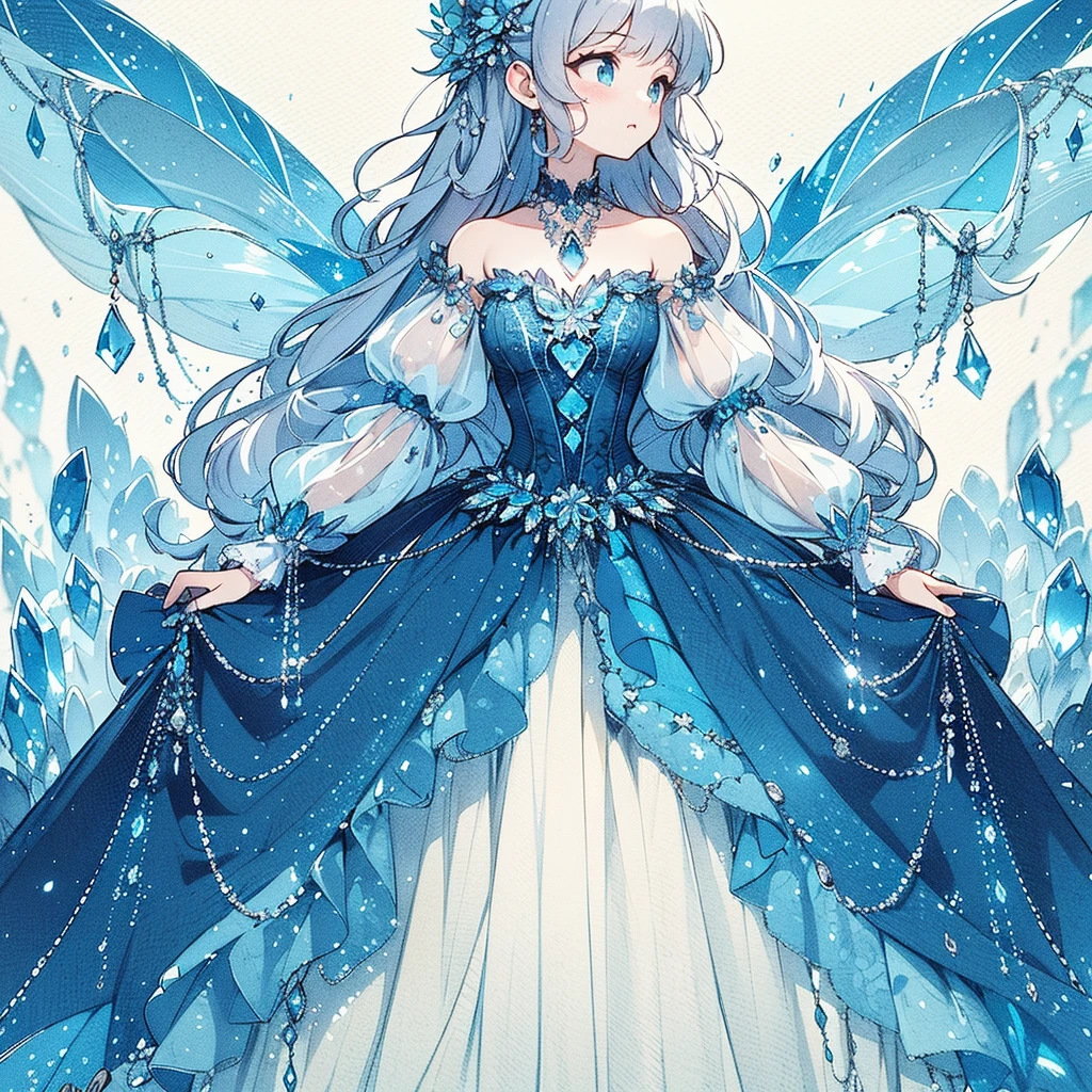 (Exquisite, beautiful, Very detailed, masterpiece, high quality,High resolution),(A cute design illustration of a beautiful dress in a rich deep blue color with blue to purple pleochroic colors drawn with soft thin lines and aquamarine gemstones in the background),A beautiful girl with translucent fairy wings is wearing a long princess-line dress with a bright purple draped peplum on the bottom of the corset, decorated with ribbons and aquamarines, and a long white pannier underneath. The corset is decorated with aquamarines., A lovely, fantastical princess dress inspired by aquamarine.,