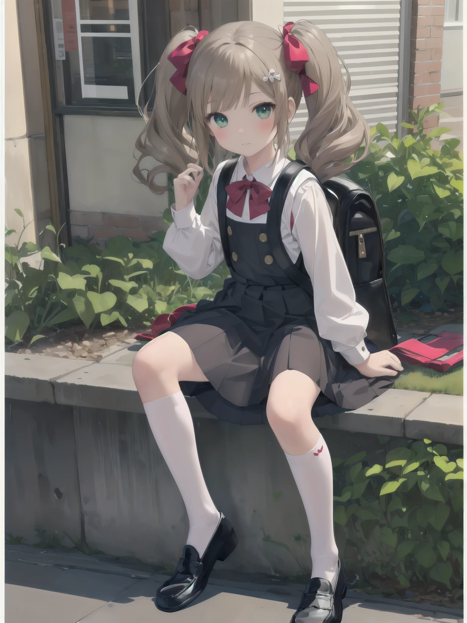 1girl,best quality,ultra-detailed,high resolution,(photorealistic, realistic, photo-realistic:1.2),(9 yo,flat chest),bangs,(smile:0.3),,shigure ui (vtuber),aged down,,backpack,bag,bangs,black dress,black footwear,blush,pom pom hair ornament,collared shirt,green eyes,kneehighs,light brown hair,loafers,long sleeves,pinafore dress,pleated dress,randoseru,red bow,,sleeveless dress,twintails,white legwear,white shirt,anime