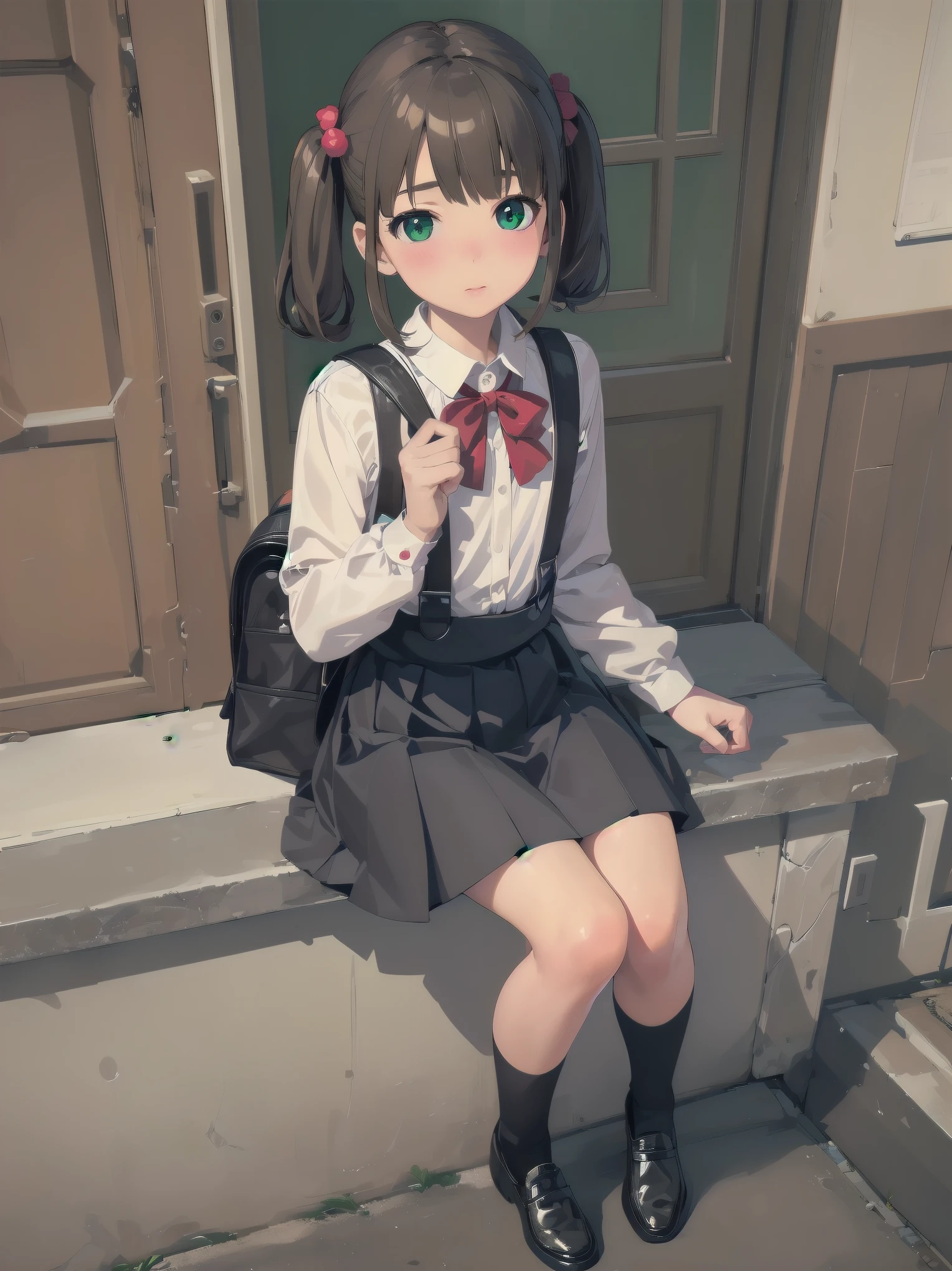 1girl,best quality,ultra-detailed,high resolution,(photorealistic, realistic, photo-realistic:1.2),(9 yo,flat chest),bangs,(smile:0.3),,shigure ui (vtuber),aged down,,backpack,bag,bangs,black dress,black footwear,blush,pom pom hair ornament,collared shirt,green eyes,kneehighs,light brown hair,loafers,long sleeves,pinafore dress,pleated dress,randoseru,red bow,,sleeveless dress,twintails,white legwear,white shirt,anime