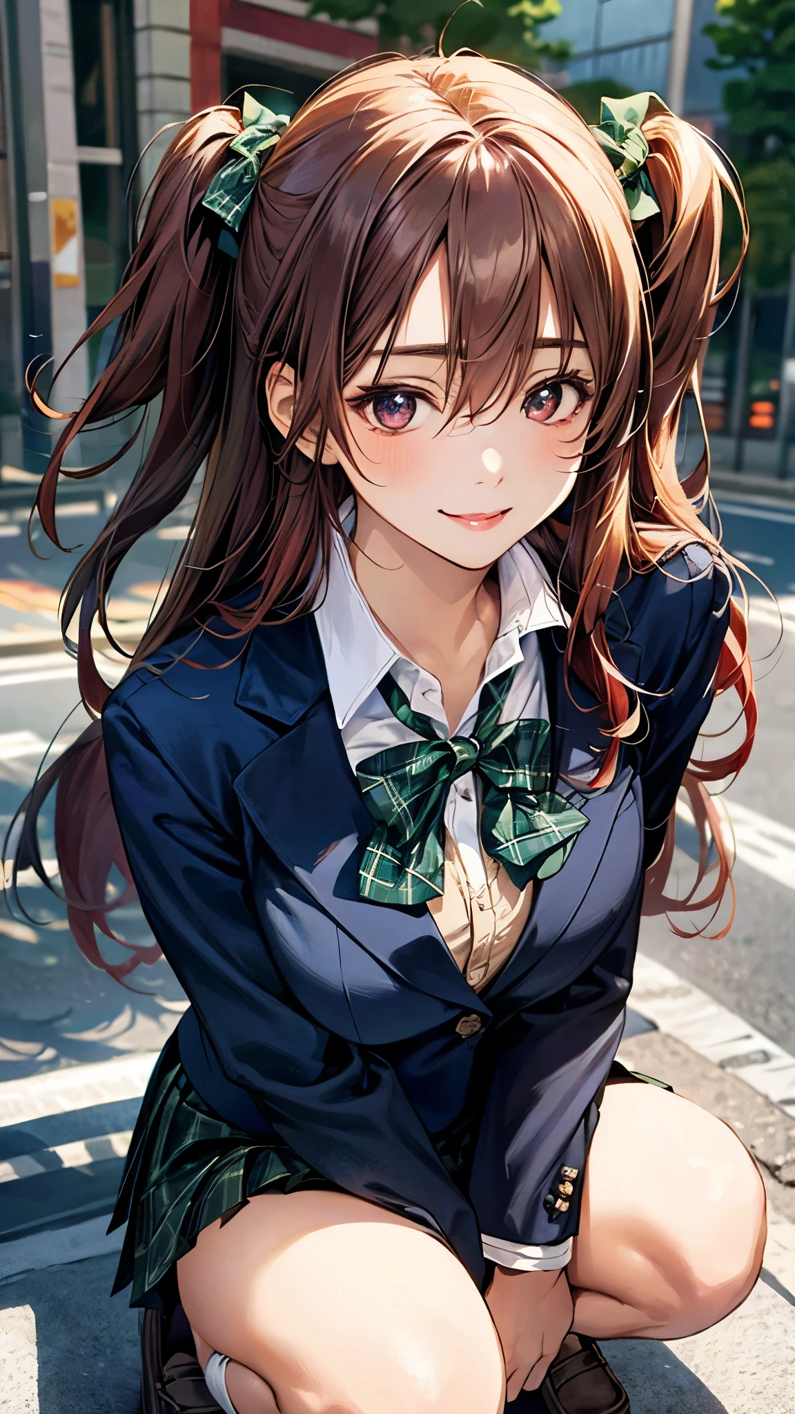 (masterpiece:1.2, top-quality), (realistic, photorealistic:1.4), beautiful illustration, (natural side lighting, movie lighting),
looking at viewer, 1 girl, japanese, high school girl, perfect face, cute and symmetrical face, shiny skin,
(long hair:1.2, ((two side up:1.2)), browm hair), hair between eyes, red eyes, slant eyes, (large breasts:0.8, seductive thighs),
beautiful hair, beautiful face, beautiful detailed eyes, beautiful clavicle, beautiful body, beautiful chest, beautiful thigh, beautiful legs, beautiful fingers,
(((sjxf, brey blazer, close blazer), white blouse shirt, black pleated skirt, green plaid bow tie), red hair ribbon),
(beautiful scenery), evening, (street:1.2), (squatting), (lovely smile, upper eyes),