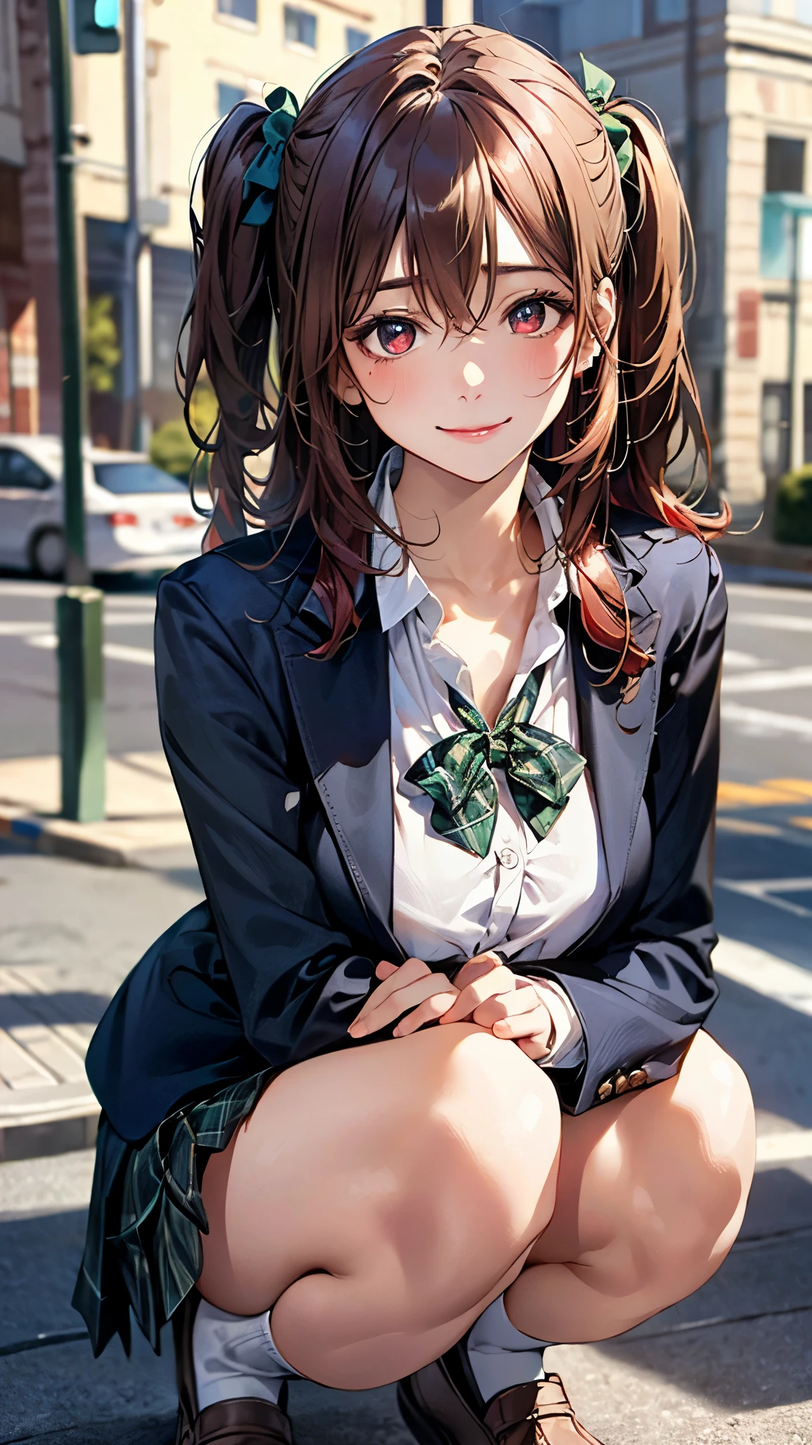 (masterpiece:1.2, top-quality), (realistic, photorealistic:1.4), beautiful illustration, (natural side lighting, movie lighting),
looking at viewer, 1 girl, japanese, high school girl, perfect face, cute and symmetrical face, shiny skin,
(long hair:1.2, ((two side up:1.2)), browm hair), hair between eyes, red eyes, slant eyes, (large breasts:0.8, seductive thighs),
beautiful hair, beautiful face, beautiful detailed eyes, beautiful clavicle, beautiful body, beautiful chest, beautiful thigh, beautiful legs, beautiful fingers,
(((sjxf, brey blazer, close blazer), white blouse shirt, black pleated skirt, green plaid bow tie), red hair ribbon),
(beautiful scenery), evening, (street:1.2), (squatting), (lovely smile, upper eyes),