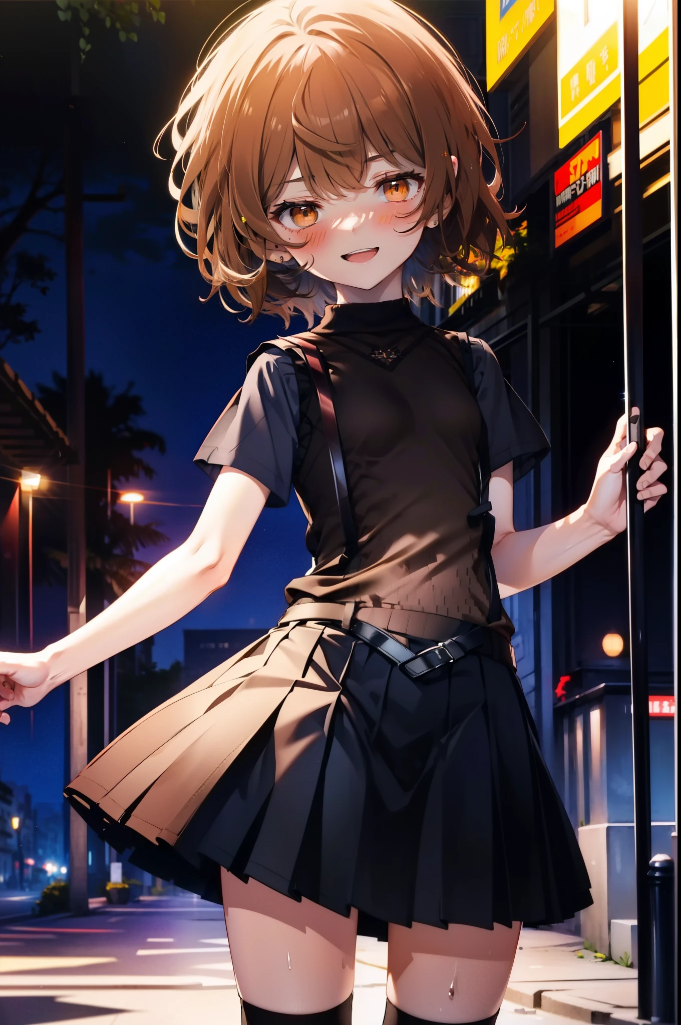 Lililukarde, Liliruka gets burned, (Brown eyes:1.7), Brown Hair, (Flat Chest:1.2), short hair,break happy smile, smile, Open your mouth,skirt, shirt, Short sleeve, white shirt, Pleated skirt, Black knee socks,Brown loafers, 黒のPleated skirt, Sweater vest, (black Sweater vest:1.5),morning,morning陽,The sun is rising,whole bodyがイラストに入るように,walking,
break looking at viewer,whole body,
break outdoors, In town,Building district,
break (masterpiece:1.2), highest quality, High resolution, unity 8k wallpaper, (figure:0.8), (Beautiful fine details:1.6), Highly detailed face, Perfect lighting, Highly detailed CG, (Perfect hands, Perfect Anatomy),