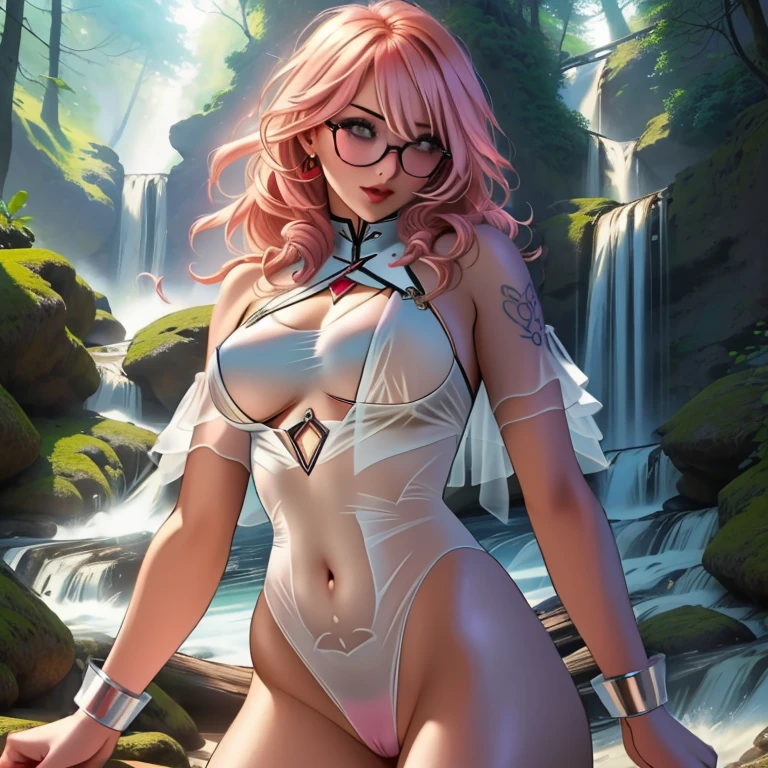 (masterpiece, best quality:1.2), cowboy shot, (solo, 1girl):1.3, glasses, long fluffy pink hair, gorgeous body, cowboy shot, slight smile, crop top, (sexy semitransparent (white) leotard), stomach, navel exposed, natural mid breasts, brown breast nipples shown under the transparency of the leotard, wet cameltoe shown under leotard transparency, tanned skin, wet body and clothes, sexual pose in a gorgeous waterfall lying down in a tranquil forest.