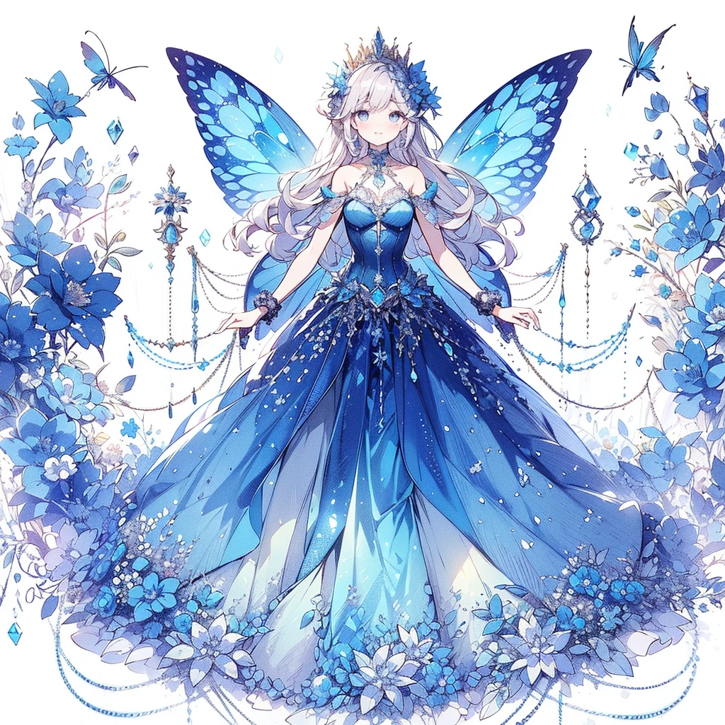 (Exquisite, beautiful, Very detailed, masterpiece, high quality,High resolution),(A cute design illustration of a beautiful dress in a rich deep blue color with blue to purple pleochroic colors drawn with soft thin lines and aquamarine gemstones in the background),A beautiful girl with translucent fairy wings is wearing a long princess-line dress with a bright purple draped peplum on the bottom of the corset, decorated with ribbons and aquamarines, and a long white pannier underneath. The corset is decorated with aquamarines., A lovely, fantastical princess dress inspired by aquamarine.,