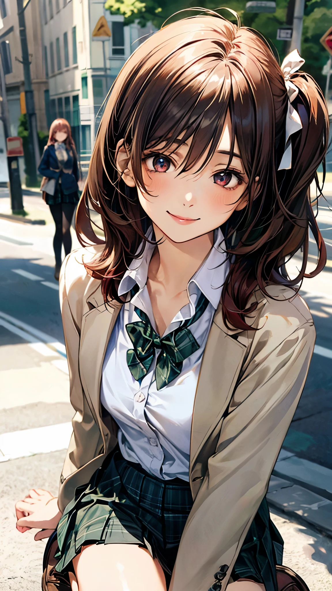 (masterpiece:1.2, top-quality), (realistic, photorealistic:1.4), beautiful illustration, (natural side lighting, movie lighting),
looking at viewer, 1 girl, japanese, high school girl, perfect face, cute and symmetrical face, shiny skin,
(long hair:1.2, ((two side up:1.2)), browm hair), hair between eyes, red eyes, slant eyes, (large breasts:0.8, seductive thighs),
beautiful hair, beautiful face, beautiful detailed eyes, beautiful clavicle, beautiful body, beautiful chest, beautiful thigh, beautiful legs, beautiful fingers,
(((sjxf, brey blazer, close blazer), white blouse shirt, black pleated skirt, green plaid bow tie), red hair ribbon),
(beautiful scenery), evening, (street:1.2), (squatting), (lovely smile, upper eyes),