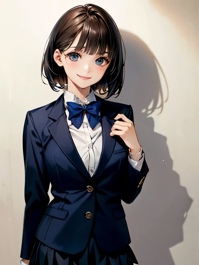 (masterpiece:1.2, highest quality), (Realistic, photoRealistic:1.4), Beautiful illustrations, (Natural Side Lighting, Cinema Lighting), , 
, (Face Focus, Upper Body, Front view:0.6), 1 girl, high school girl, Japanese, Perfect Face, Perfect ???????, Cute and symmetrical face, (Round face), Shiny skin, 
(Bob Hair、Brown Hair), Blunt bangs, blue eyes, Big eyes, Long eyelashes, (Mid-chest), 
Beautiful Hair, Beautiful Face, Beautiful details, Beautiful clavicle, Beautiful body, Beautiful breasts, 
(((navy , navy school blazer:1.2, navy pleated mini skirt), Closed blazer, Grey bow tie, White collared shirt), (Bust Shot),
(White wall background), Are standing, (Playing a piece with your right hand), (Crisp smile), 