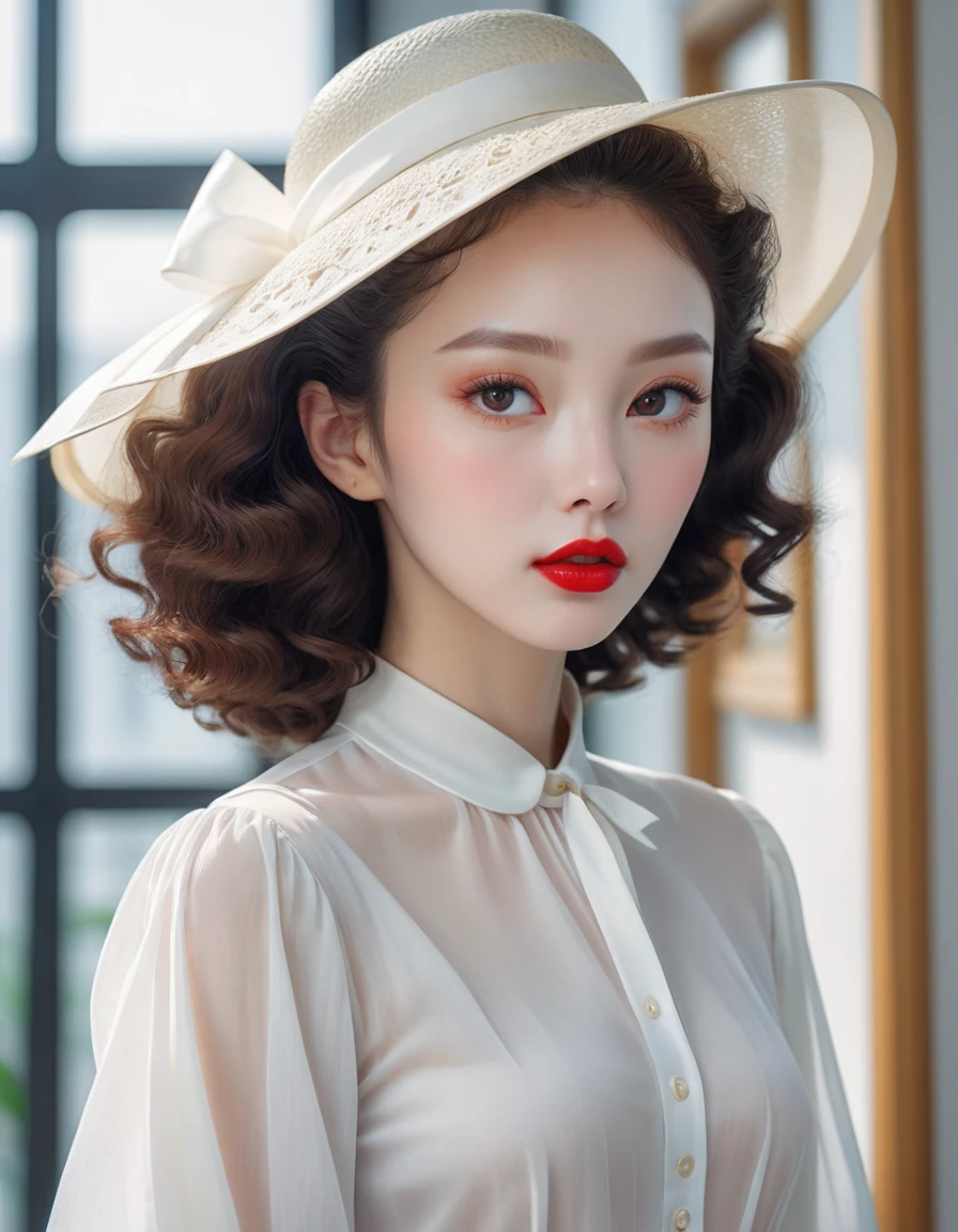 Facing ahead(front view), parted_Up perm hair:1.5,no hat:1.5, red lips, woman wearing blouse, White skin, artwork in the style of 구웨이즈, soft portrait 8k, pale , pale 피부, Elegant woman with clear skin,