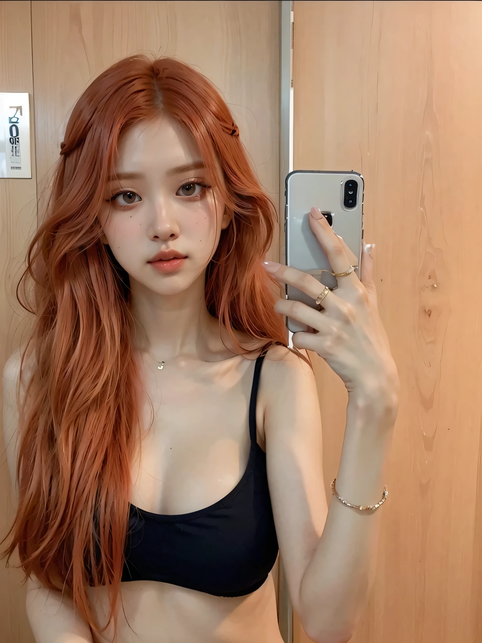 There's a woman with red hair taking a selfie, coreana, Ulzzang, beautiful south mulher coreana, gorgeous young mulher coreana, ela tem cabelo longo redoranjado, even model | digite germe, red hair and attractive features, beautiful young mulher coreana, 2 modelo feminino de 4 anos, modelo do instagram, asian features, mulher coreana, Asian with long hair, yunjin lesserafim