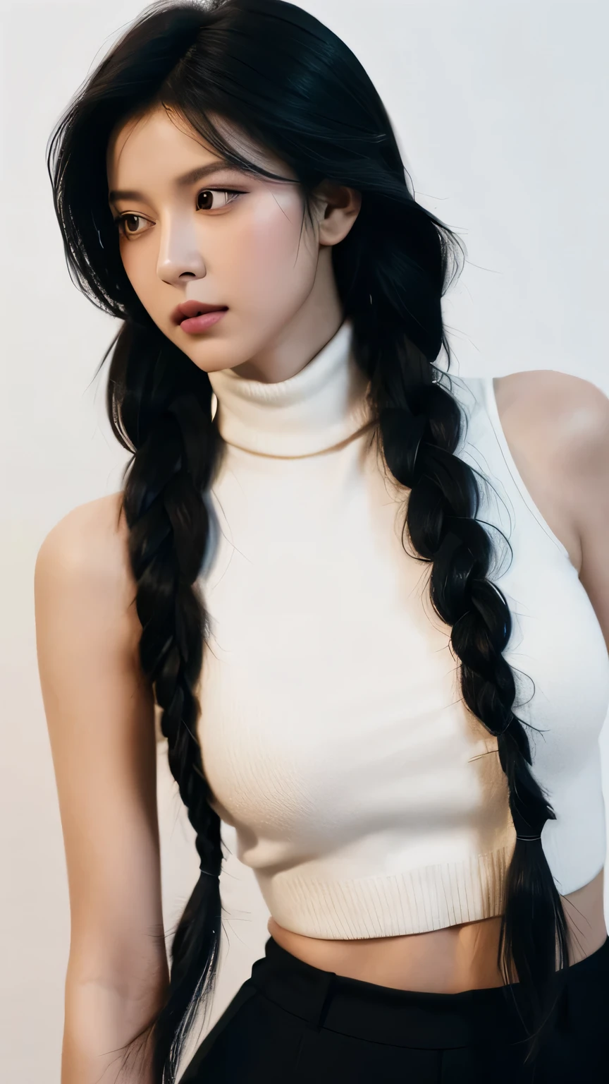 A stunning intricate full color portrait of (sks woman:1), wearing a white sleeveless turtleneck with cropped in the belly part, cropped turtleneck, pants, cool girl, dark plain background, epic character composition, by ilya kuvshinov, alessio albi, nina masic, sharp focus, natural lighting, subsurface scattering, f1.8, 35mm, film grain, black voluminous hair inspired by Pharah Overwatch, (((black braided hair))), side-swept bang, best hair, candid, looking away