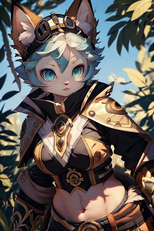 ((mejor calidad)), ((obra maestra)), (detallado), cara perfecta, best quality, 1girl, adult, female focus, solo, siamese cat, vibrant blue eyes, looking at viewer, closed mouth, emo, Fantasy aesthetics, Highly detailed, shadowverse style, heterochromia, Uncontrolled hair, tiny breasts, Abdominal muscles, leather cloat, hunter clothes