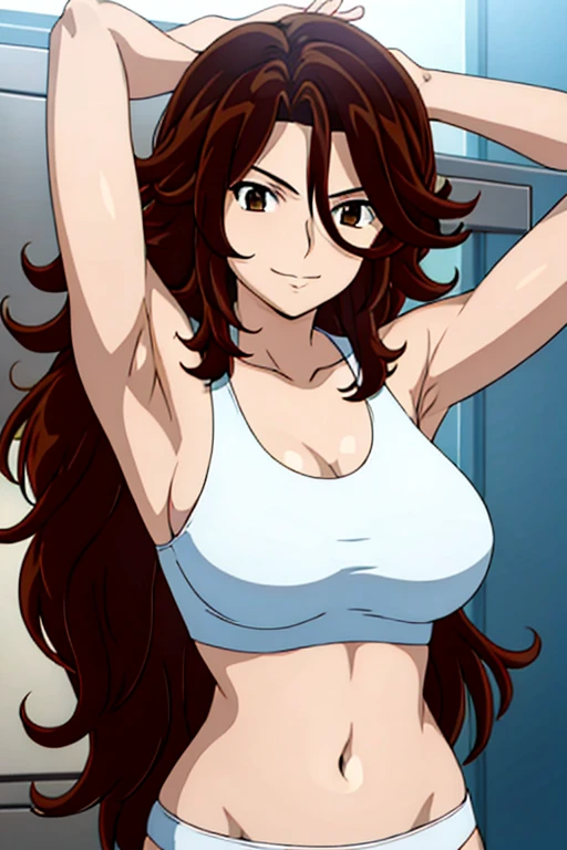 Selfie shot, detailed face, upper body view, detailed body, 4k, Sumergai Lee Noriega, best quality, anime style, hires, highest definition, digital blending, bold drawing lines, ((), (slender body), woman, (female wrestler, white tanktop), cheerful, gorgeous, smile, (closed mouth), (pale skin, shiny skin, lighting and shadow), (cleavaean face), (warming up), closed fists, (brown hair, curly hair, long hair), 27 years old, sexy