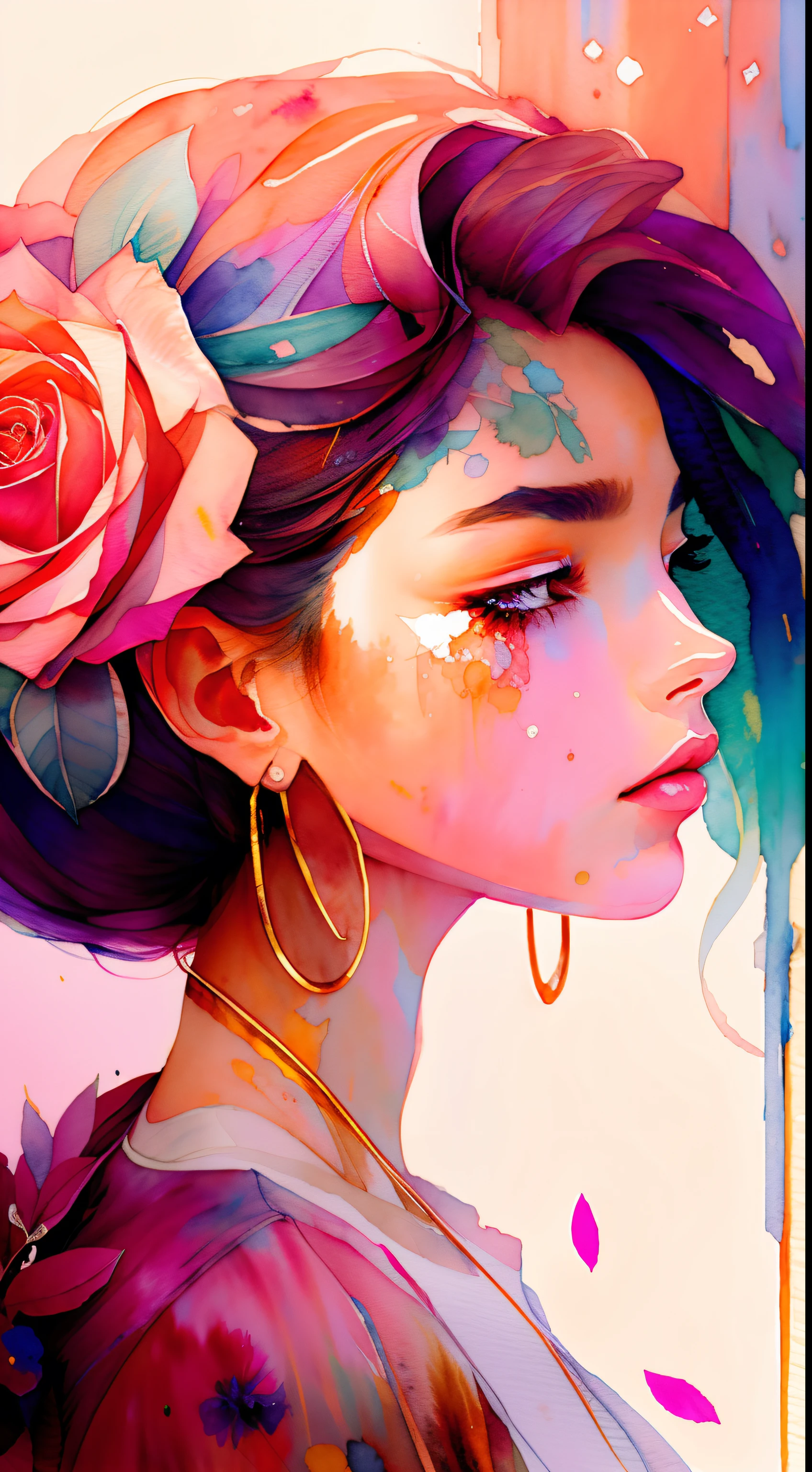 estilo wtrcolor, (rosa) Arte digital, arte oficial, soplado por el viento, obra maestra, Hermoso, ((Acuarela)), salpicadura de pintura, Detalle intrincado. gran detalle, [goteo:0.7], tendencia en artstation, Raquel Walker
