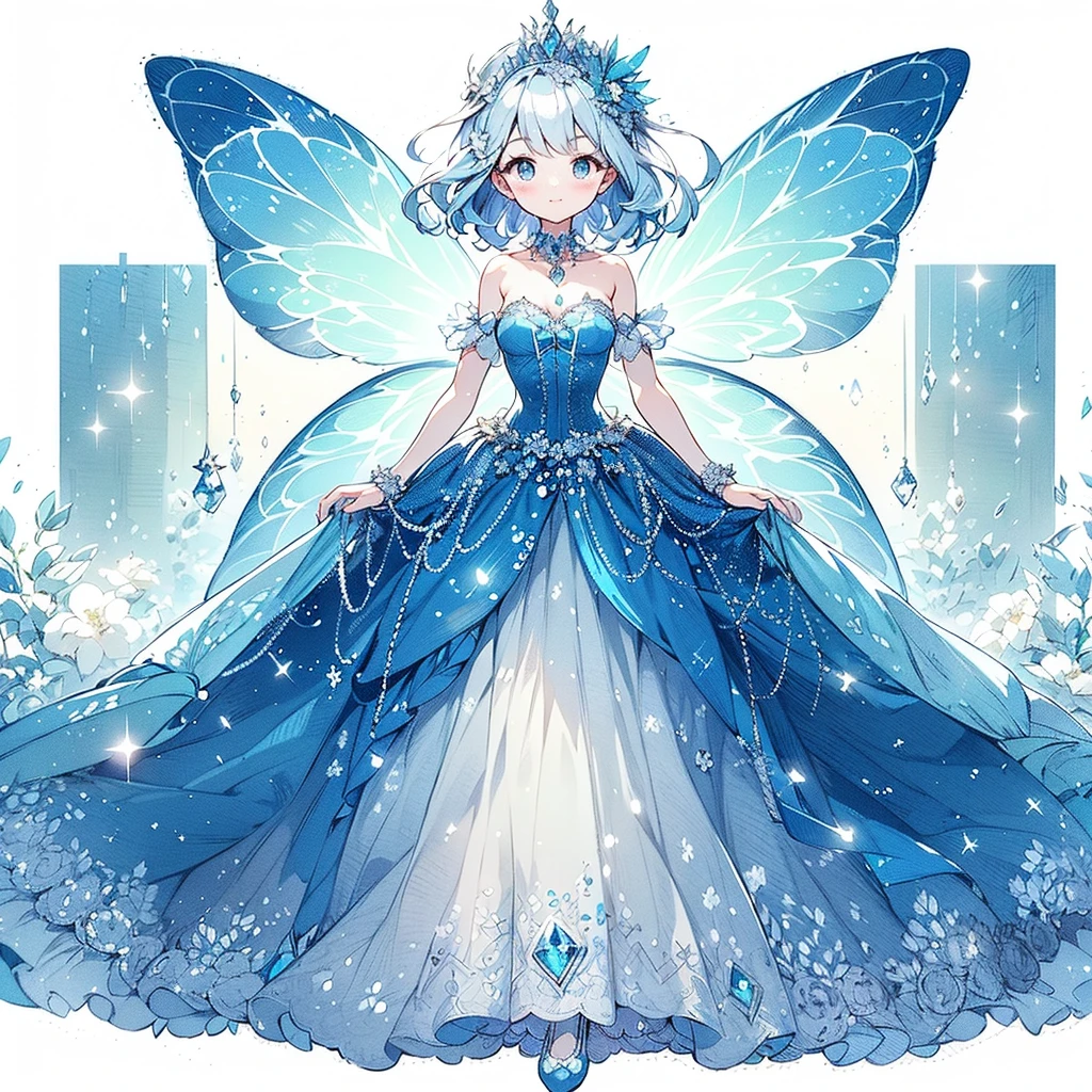 (Exquisite, beautiful, Very detailed, masterpiece, high quality,High resolution),(A cute design illustration of a beautiful dress in a rich deep blue color with blue to purple pleochroic colors drawn with soft thin lines and aquamarine gemstones in the background),A beautiful girl with translucent fairy wings is wearing a long princess-line dress with a bright purple draped peplum on the bottom of the corset, decorated with ribbons and aquamarines, and a long white pannier underneath. The corset is decorated with aquamarines., A lovely, fantastical princess dress inspired by aquamarine.,