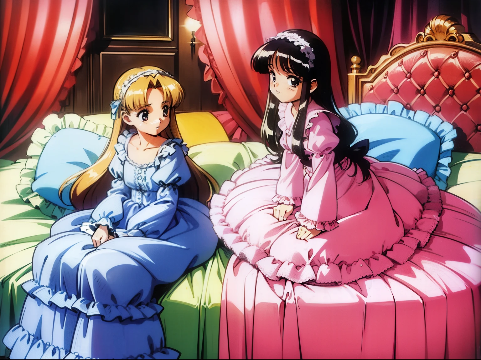 ,highest quality, masterpiece, highest resolution, artwork,1990s style anime illustration,(()),Super detailed baby face, Anime illustrajama party,. , Lolita fashion long-sleeved long skirt nightgown with frills and ribbons, {{{on the huge and wide pink canopy bed}}},{{{lot of frilled pillows}}}, frilled bed skirt,Soft pillows and futons, colorful pillows in pastel colors, pink curtains with frills around the bed, detailed face.
