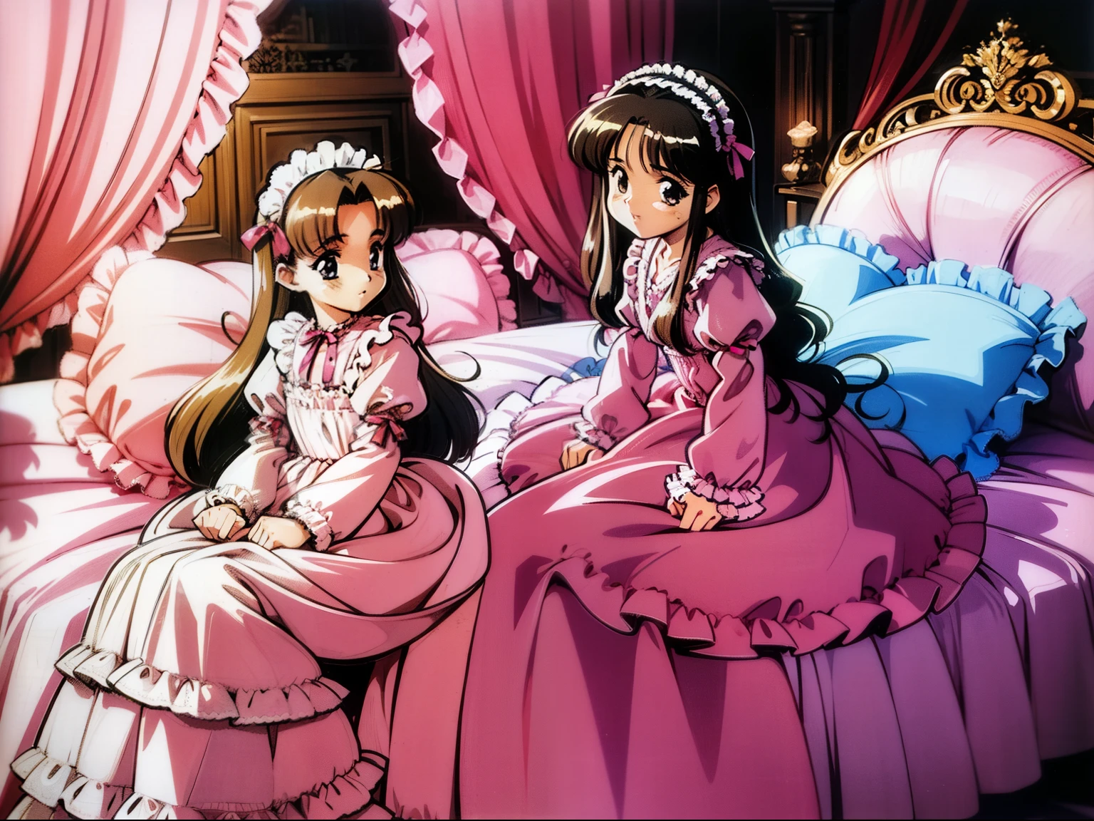 ,highest quality, masterpiece, highest resolution, artwork,1990s style anime illustration,((10 year old s)),Super detailed baby face, Anime illustrations, pajama party,. , Lolita fashlong-sleeved long skirt nightgown with frills and ribbons, {{{on the huge and wide pink canopy bed}}},{{{lot of frilled pillows}}}, frilled bed skirt,Soft pillows and futons, colorful pillows in pastel colors, pink curtains with frills around the bed, detailed face.