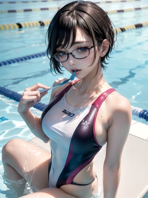(Ultimate beauty), new employee, ((Rimless Glasses))非常にdetailed顔, detailedな唇, fine grain, Beautiful Eyes, Short Black Pixie Hairstyles, ((Laugh with your mouth closed)),(((Competitive swimming suits))) (((紺色に水色のラインが入ったCompetitive swimming suitsを着ている)))), Big Breasts,(Accentuate your breasts) (Thighs), that'that'sit, perfectionなボディ, perfectionな顔, (((background: Poolside)、Cowboy Shot, (Depth of the written border), perfectionな画像リアリズム, With detailed background, detailedな衣装, perfection、Hyperrealism、Realistic、Maximum resolution 8K, (masterpiece), 非常にdetailed, Professional 22 year old Japanese woman,(非常にdetailedな肌)(Beautiful female body)(美しいBig Breasts)(Big Breasts)(Pale skin)(Pointed Chest),(Erect nipples)(Best image quality)(Hyperrealismの肖像画),(8k),(Ultra-realistic,最high quality, high quality, High resolution)(high quality texture)(Attention to detail)(Beautiful details)(detailed,Extremely detailed CG,detailed Texture)(Realistic facial expressions,masterpiece,in front,dynamic,bold),(((short pixie cut))),(Very thin hair)(Super Straight Hair:1.5)( sleek bangs,Very light coppery amber hair,Hair in one eye) (((Accentuate your buttocks))) (((Her cleavage is visible))) (((Composition from behind))) (((She is spreading her legs boldly))) (((The lines of the body are clearly visible)))、(((Depiction of beautiful fingers))) (((Beautiful body depiction))) (((Accentuate your butt)))(((Thighsが見えるよ)))(((Full body photo)))、(((Low angle photo)))、(((Correct ankle orientation)))(((The correct number of legs))) (((正確な後ろからのFull body photo)))(((Exact number of hands)))