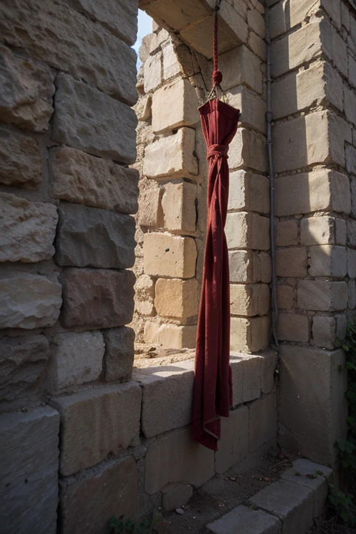 A stone wall from the time of Moses in the Bible with a very small window with a large red rope hanging 