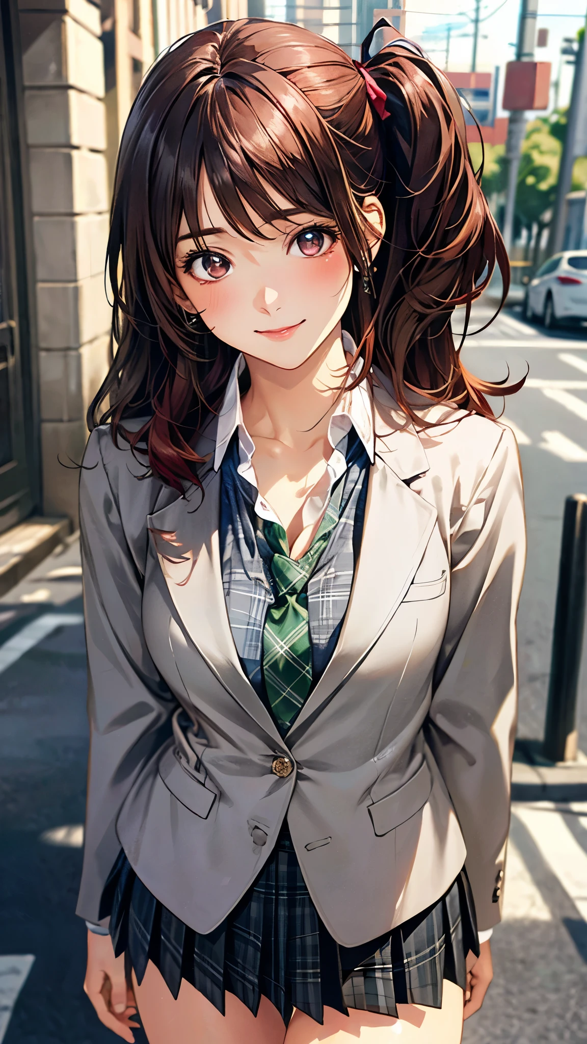 (masterpiece:1.2, top-quality), (realistic, photorealistic:1.4), beautiful illustration, (natural side lighting, movie lighting),
looking at viewer, 1 girl, japanese, high school girl, perfect face, cute and symmetrical face, shiny skin,
(long hair:1.2, ((two side up:1.2)), dark brown hair), red eyes, slant eyes, (large breasts:0.8, seductive thighs),
beautiful hair, beautiful face, beautiful detailed eyes, beautiful clavicle, beautiful body, beautiful chest, beautiful thigh, beautiful legs, beautiful fingers,
(((grey blazer, close blazer), white blouse shirt, black pleated skirt, green plaid tie), red hair ribbon),
(beautiful scenery), evening, (street:1.2), (squatting), (lovely smile, upper eyes),