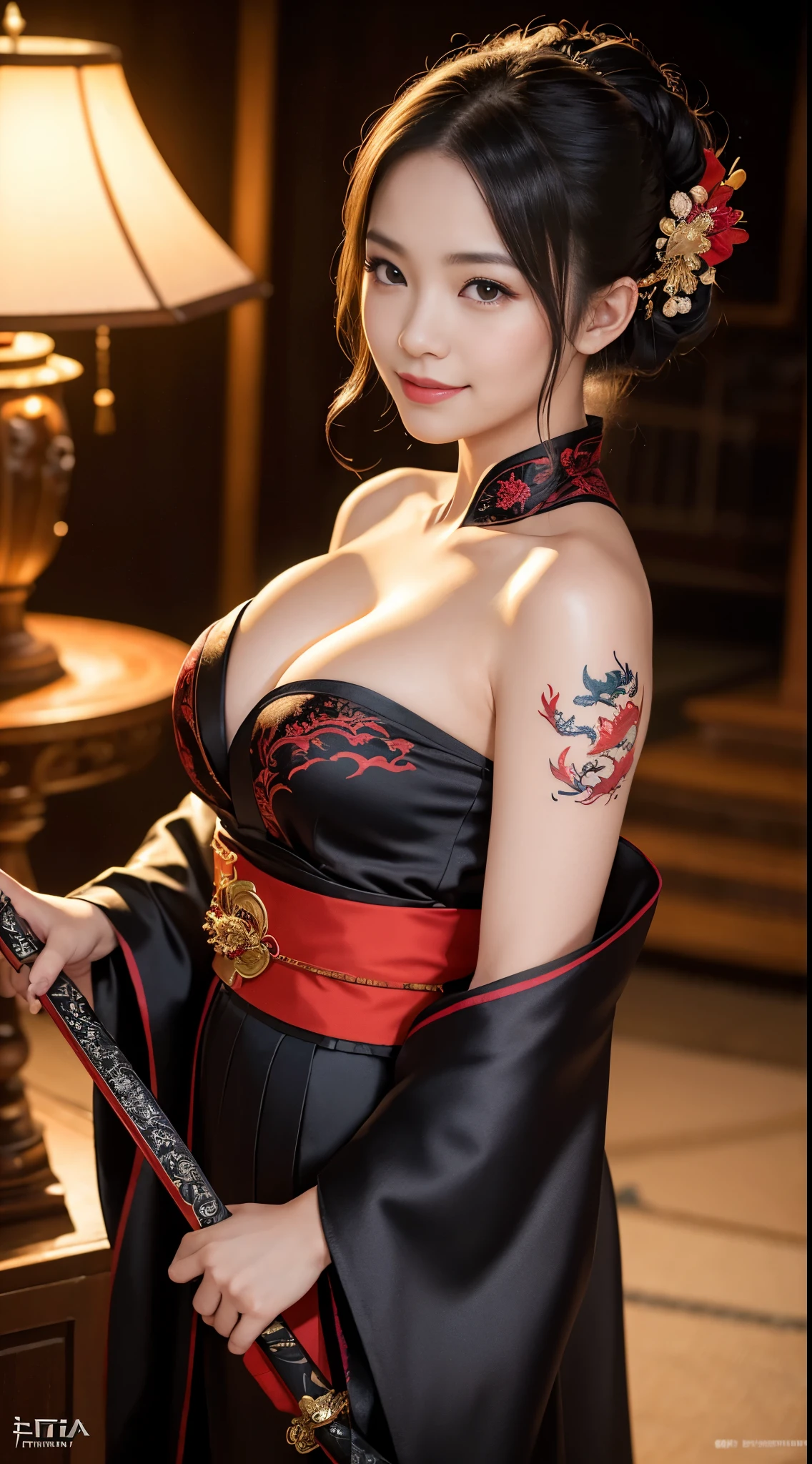 8K Ultra HD, Digital SLR,Film Grain, Fujifilm XT3,(highest quality:1.3), (masterpiece:1.1), High resolution, Cinematic Light, Intricate details, (Realistic) (Night view) Realistic backlight、Dramatic red toned light、Beautiful Japanese Geisha full body photo, ((Facial texture Pore details)), Grin、Devilish smile, Simple messy hairstyle, She is wearing a black satin kimono decorated with a traditional dragon motif., Open shoulders, Colorful dragon tattoos all over the body, Has a long sword blade, Holding a long-bladed Japan sword,Inside a traditional villa, 8k, Foreground Bokeh