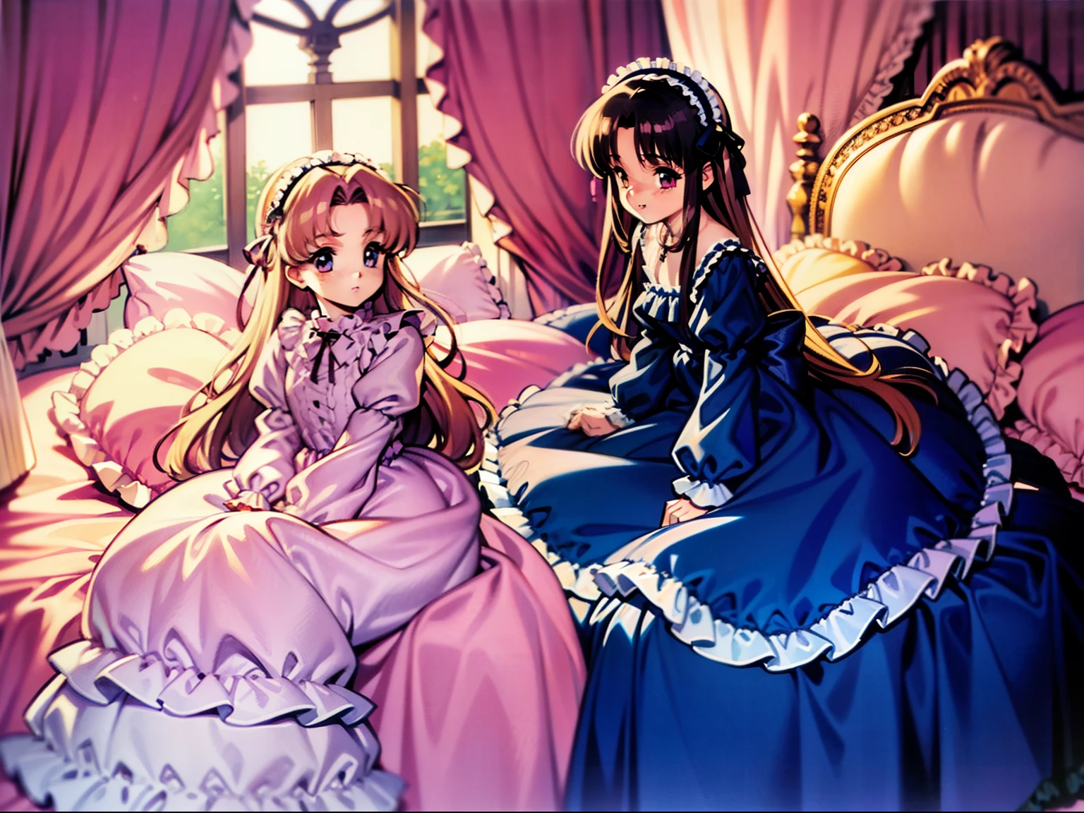 ,highest quality, masterpiece, highest resolution, artwork,1990s style anime illustration,((10 year old little girls)),Super detailed baby face, Anime illustrations, pajama party,. , Lolita fashion long-sleeved long skirt nightgown with frills and ribbons, {{{on the huge and wide pink canopy bed}}},{{{lot of frilled pillows}}}, frilled bed skirt,Soft pillows and futons, colorful pillows in pastel colors, pink curtains with frills around the bed, detailed face.