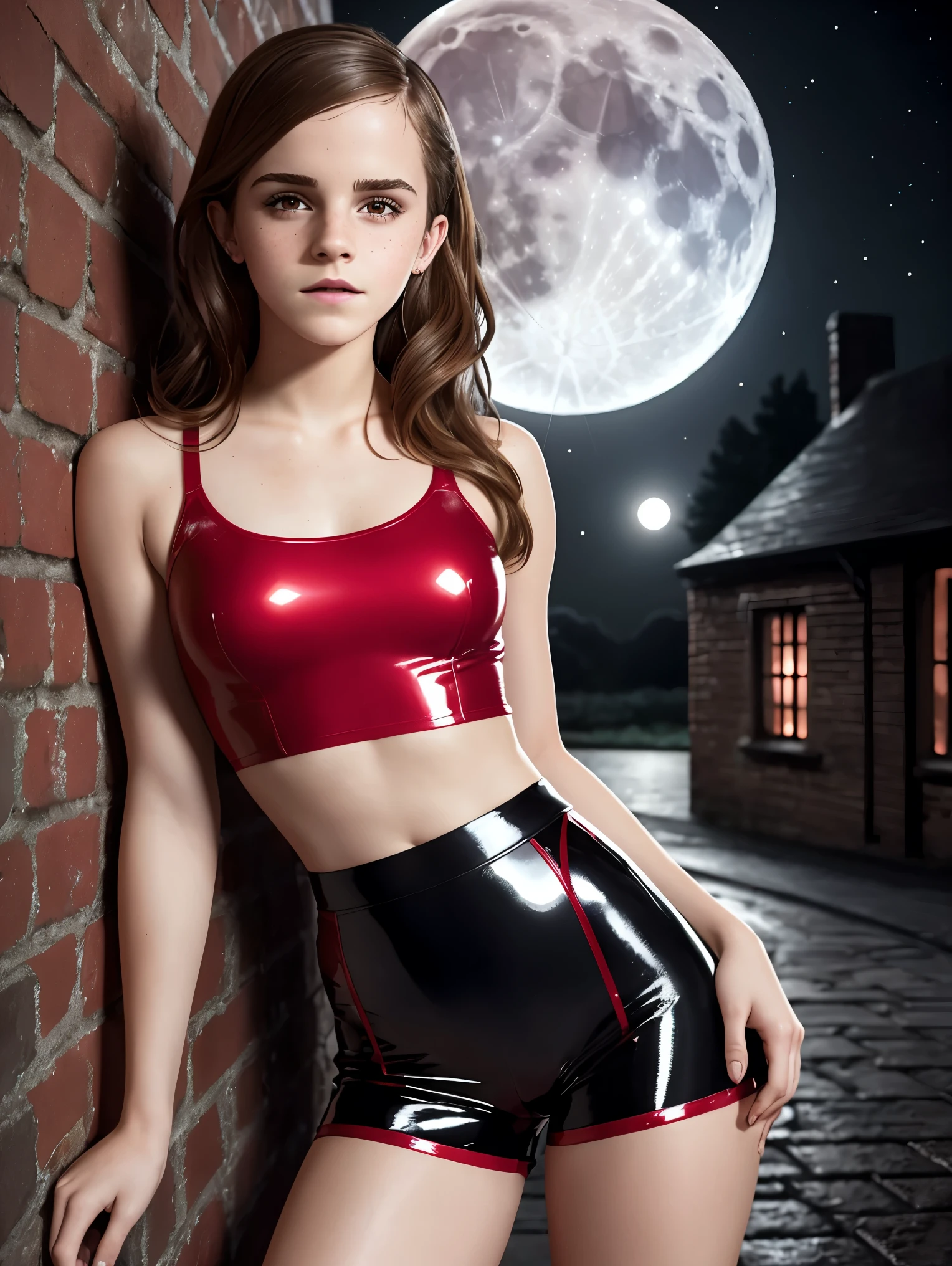 Highly detailed. a sexy beautiful teen Emma Watson. long hair. freckles, gentle smile. red tight intricate sparkly latex shorts, crop top. leaning on wall. dark ambient. background moon. full shot.