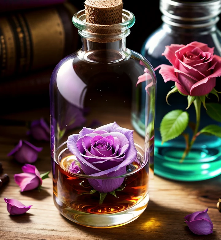 flowers roses, a glass bottle with a purple liquid inside of it, painting of one health potion, world of warcraft spell icon, fantasy game spell icon, lightning mage spell icon, magic spell icon, league of legends inventory item, potion, fantasy game spell symbol