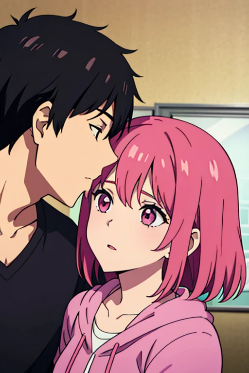 Boy with black hair and girl pink hair kissing,one boy and girl kissing