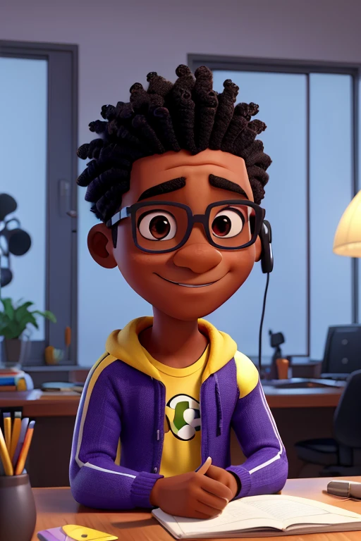 um homem negro, cabelo muito curto, with headphones on the neck, escrevendo no computador, sentado na cadeira do quarto dele, Estilo Disney Pixar, com luzes e um fundo roxo profundo e amarelo dourado, (melhor qualidade, alta qualidade, ultra qualidade), Colorida , vibrante, detalhado, With a touch of magic, sem oculos