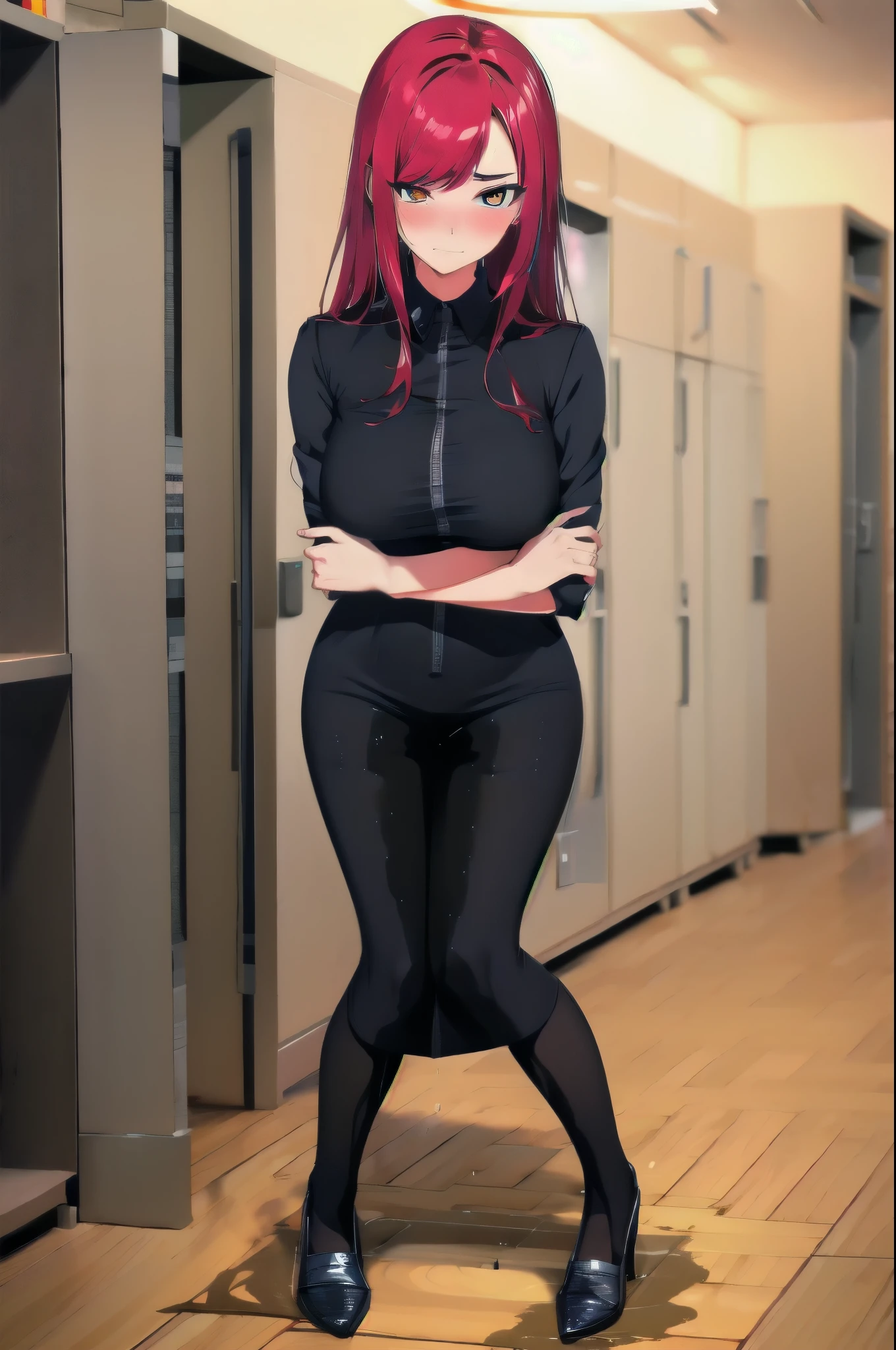 (masterpiece:1.37), woman, (mature:1.5), extremely detailed eyes and face, long straight hair, red hair, yellow eyes, tight black shirt, (futuristic:1.25), (science fiction:1.25), hologram armband, unicursal hexagram-shaped pupils, standing, large breasts, best quality, 8k, highres, ultra-detailed, studio lighting, ultra-fine painting, sharp focus, physically-based rendering, extreme detail description, professional, vivid colors, bokeh, extreme attention to detail, tsurime, (messy bangs:1.25), (swept bangs:1.25), long bangs, bright red hair highlights, two-tone hair, (wetting self:1.5), (crossed arms:1.5), embarrassed, humiliated, angry, (standing:1.5), long edgpdress, wearing edgpdress, pantyhose, full body