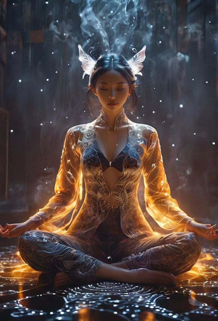 fullbody Photography of lotus pose girl，Raw, cinematic shot, (sharp focus:1.5), (photorealistic:1.4), twilight lighting, volumetric lighting, ultra high res, 16K,dramatic lighting, abstract backgrounds：1.5）（zentangle，datura，Tangles，entangled：0.7）Kitsune witch，kitsune mask，Haori jacket, foxfire spell, fox family, transformation, depth of field, Fantastical Atmosphere, The most beautiful form of chaos, ellegance, Dark theme of Fauvist design, Flower of Death, Flowers of ecstasy，Glowing Line,Glow Example，Tracking example，flash， Backlight，translucent，light particles