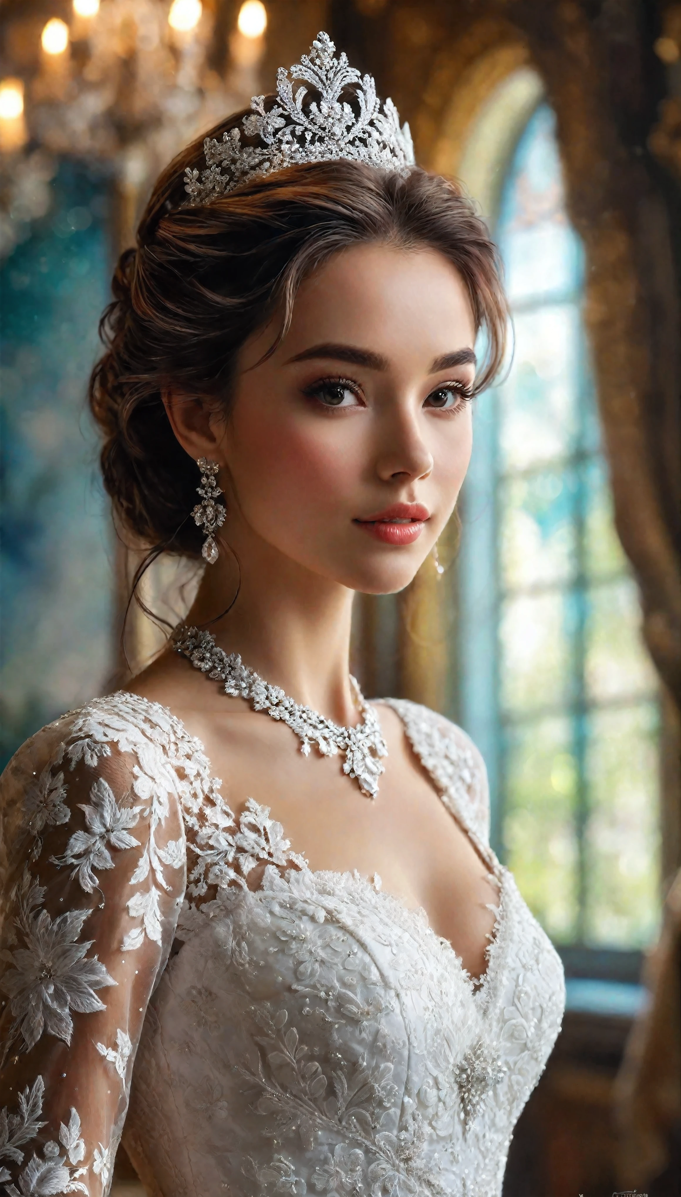(1girl), Updo hairstyle, Extremely cute face, Amazing face and eyes, (Highly detailed eyes, Highly detailed face), fresh, Very clean appearance, (Hyper-realistic, hight resolution), (Best Quality:1.4), (hyper quality), Authentic skin texture, Raw photo, (Realistic, Photorealsitic:1.37), highly detailed, Professional Photography, (beautiful lace bridal dress:1.5), (lace bridal dress with open front), (cleavage:1.2), (Bare shoulders), Smile slightly, (Staring at me), luxury accessories, necklaces and earrings, luxury living room, girl portrait,