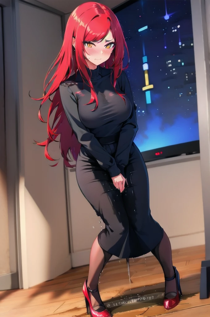(masterpiece:1.37), woman, (mature:1.5), extremely detailed eyes and face, long straight hair, red hair, yellow eyes, tight black shirt, (futuristic:1.25), (science fiction:1.25), hologram armband, unicursal hexagram-shaped pupils, standing, large breasts, best quality, 8k, highres, ultra-detailed, studio lighting, ultra-fine painting, sharp focus, physically-based rendering, extreme detail description, professional, vivid colors, bokeh, extreme attention to detail, tsurime, (messy bangs:1.25), (swept bangs:1.25), long bangs, bright red hair highlights, two-tone hair, (wetting self:1.5), (crossed arms:1.5), embarrassed, humiliated, angry, (standing:1.5), long edgpdress, wearing edgpdress, pantyhose, full body