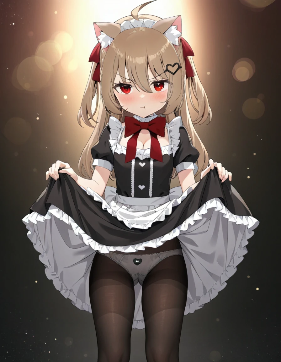 1girl, evil neuro-sama red eyes, light brown hair, ahoge, two side up, hair ribbon, dark red ribbon, heart hair ornament, maid, maid apron, maid headdress, frilled dress, frilled choker, frilled apron, short sleeves, y short sleeves, puffeeves, red bow, black heart, pantyhos shoes, (masterpiece, best quality), highly detailed, finely detailed, blurry background, simple background, depth of field, backlight, light particles, bokeh, cat ears, standing, cleavage, pou, dress lift, underwear, upskirt, panties, pan