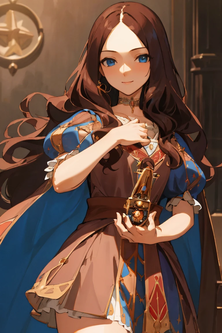 Leonardo da Vinci, Leonardo da Vinci, Leonardo da Vinci \(destiny\), Long Hair, bangs, blue eyes, Brown Hair, (parted bangs:1.5), smile, break dress, Short sleeve, choker, Puffy sleeves, Cape, puffy Short sleeve, Puff and slash sleeves, break indoors, break looking at viewer, (Cowboy Shot:1.5), break (masterpiece:1.2), highest quality, High resolution, unity 8k wallpaper, (figure:0.8), (Beautiful fine details:1.6), Highly detailed face, Perfect lighting, Highly detailed CG, (Perfect hands, Perfect Anatomy),
