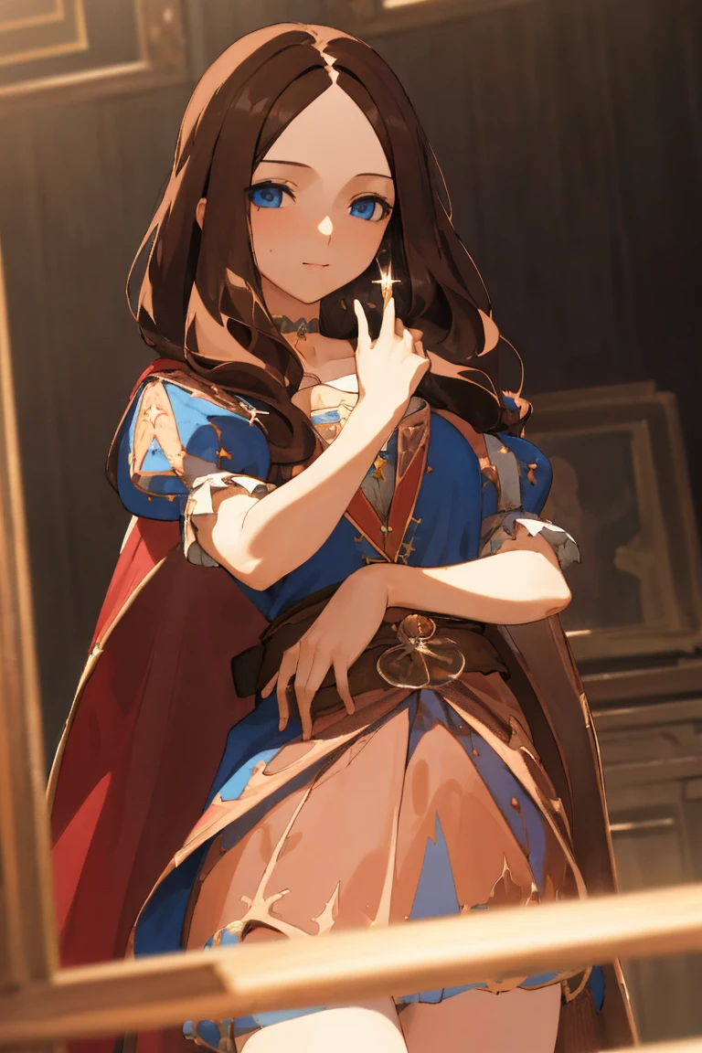 Leonardo da Vinci, Leonardo da Vinci, Leonardo da Vinci \(destiny\), Long Hair, bangs, blue eyes, Brown Hair, (parted bangs:1.5), smile, break dress, Short sleeve, choker, Puffy sleeves, Cape, puffy Short sleeve, Puff and slash sleeves, break indoors, break looking at viewer, (Cowboy Shot:1.5), break (masterpiece:1.2), highest quality, High resolution, unity 8k wallpaper, (figure:0.8), (Beautiful fine details:1.6), Highly detailed face, Perfect lighting, Highly detailed CG, (Perfect hands, Perfect Anatomy),
