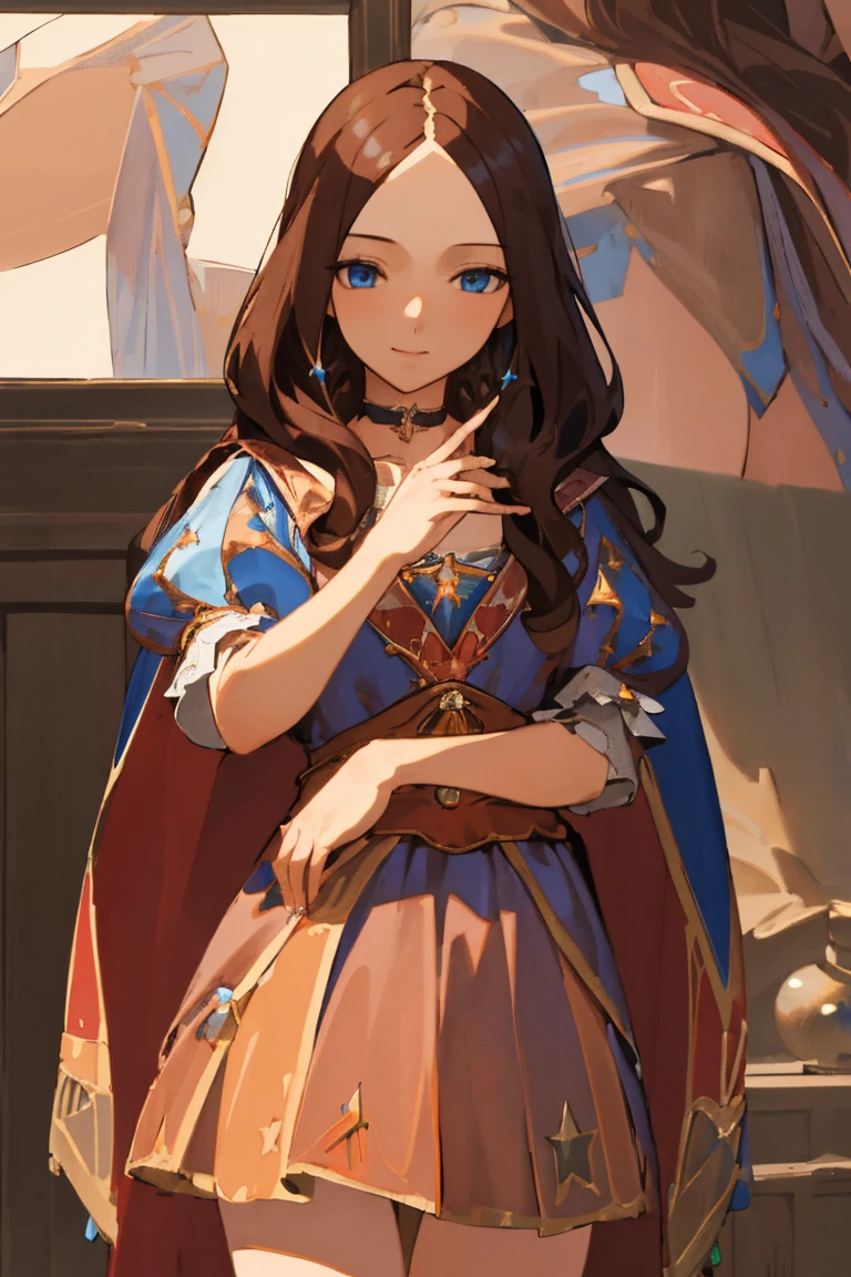 Leonardo da Vinci, Leonardo da Vinci, Leonardo da Vinci \(destiny\), Long Hair, bangs, blue eyes, Brown Hair, (parted bangs:1.5), smile, break dress, Short sleeve, choker, Puffy sleeves, Cape, puffy Short sleeve, Puff and slash sleeves, break indoors, break looking at viewer, (Cowboy Shot:1.5), break (masterpiece:1.2), highest quality, High resolution, unity 8k wallpaper, (figure:0.8), (Beautiful fine details:1.6), Highly detailed face, Perfect lighting, Highly detailed CG, (Perfect hands, Perfect Anatomy),
