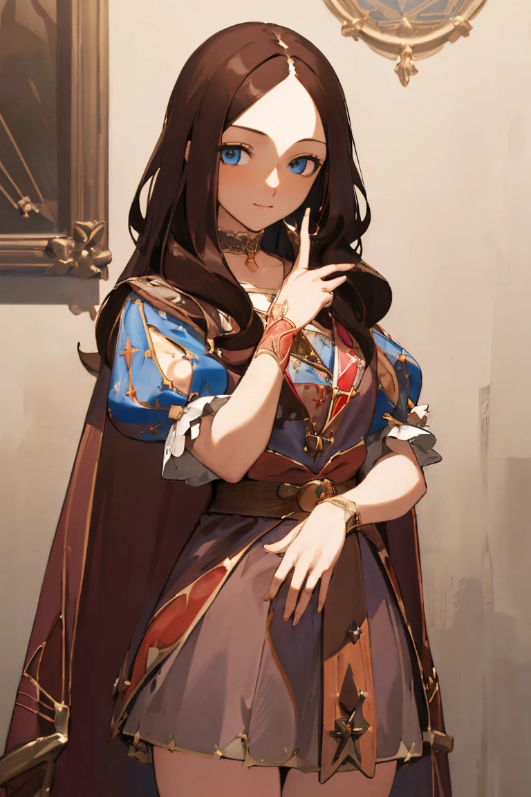 Leonardo da Vinci, Leonardo da Vinci, Leonardo da Vinci \(destiny\), Long Hair, bangs, blue eyes, Brown Hair, (parted bangs:1.5), smile, break dress, Short sleeve, choker, Puffy sleeves, Cape, puffy Short sleeve, Puff and slash sleeves, break indoors, break looking at viewer, (Cowboy Shot:1.5), break (masterpiece:1.2), highest quality, High resolution, unity 8k wallpaper, (figure:0.8), (Beautiful fine details:1.6), Highly detailed face, Perfect lighting, Highly detailed CG, (Perfect hands, Perfect Anatomy),
