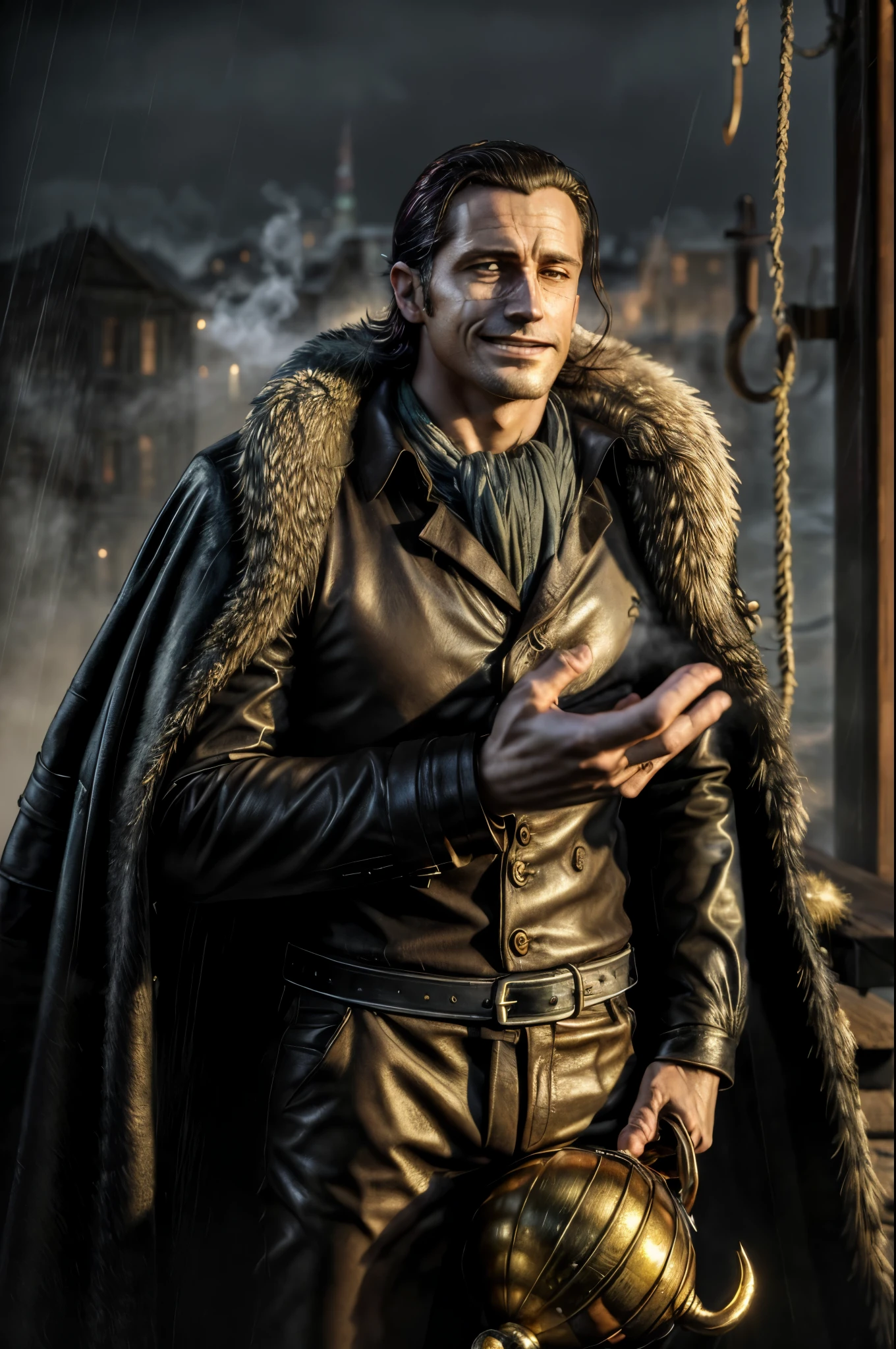 masterpiece, best quality, extremely detailed, hyperrealistic, photorealistic, a cool 40s man, ultra detailed face:1.2, fur-trimmed coat, scarf around the neck, his left hand is a golden pirate hook:1.1, sly smile, nightmarish, mystical fog, smoke, rainy night, dramatic posing